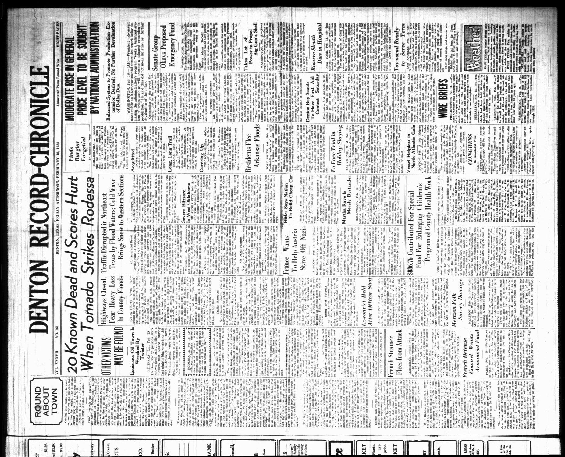 Denton Record-Chronicle (Denton, Tex.), Vol. 37, No. 161, Ed. 1 Friday, February 18, 1938
                                                
                                                    [Sequence #]: 1 of 8
                                                