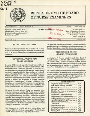 Primary view of object titled 'Report from the Board of Nurse Examiners, Volume 20, Number 1, Summer 1989'.