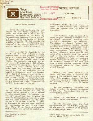 Primary view of object titled 'Texas Low-Level Radioactive Waste Disposal Authority Newsletter, Volume 1, Number 3, June 1985'.