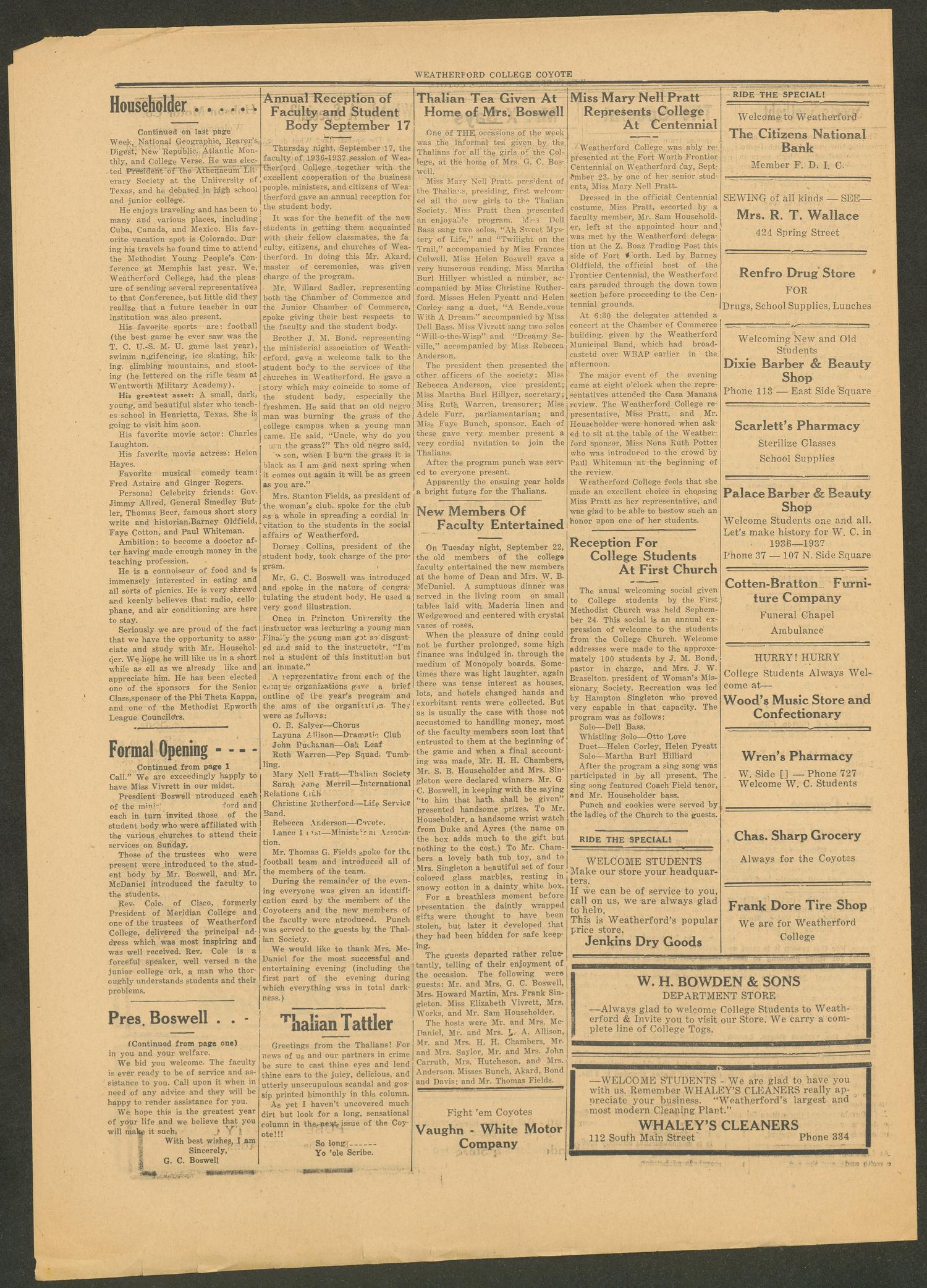 Weatherford College Coyote (Weatherford, Tex.), Vol. 11, No. 1, Ed. 1 Wednesday, September 30, 1936
                                                
                                                    [Sequence #]: 4 of 4
                                                