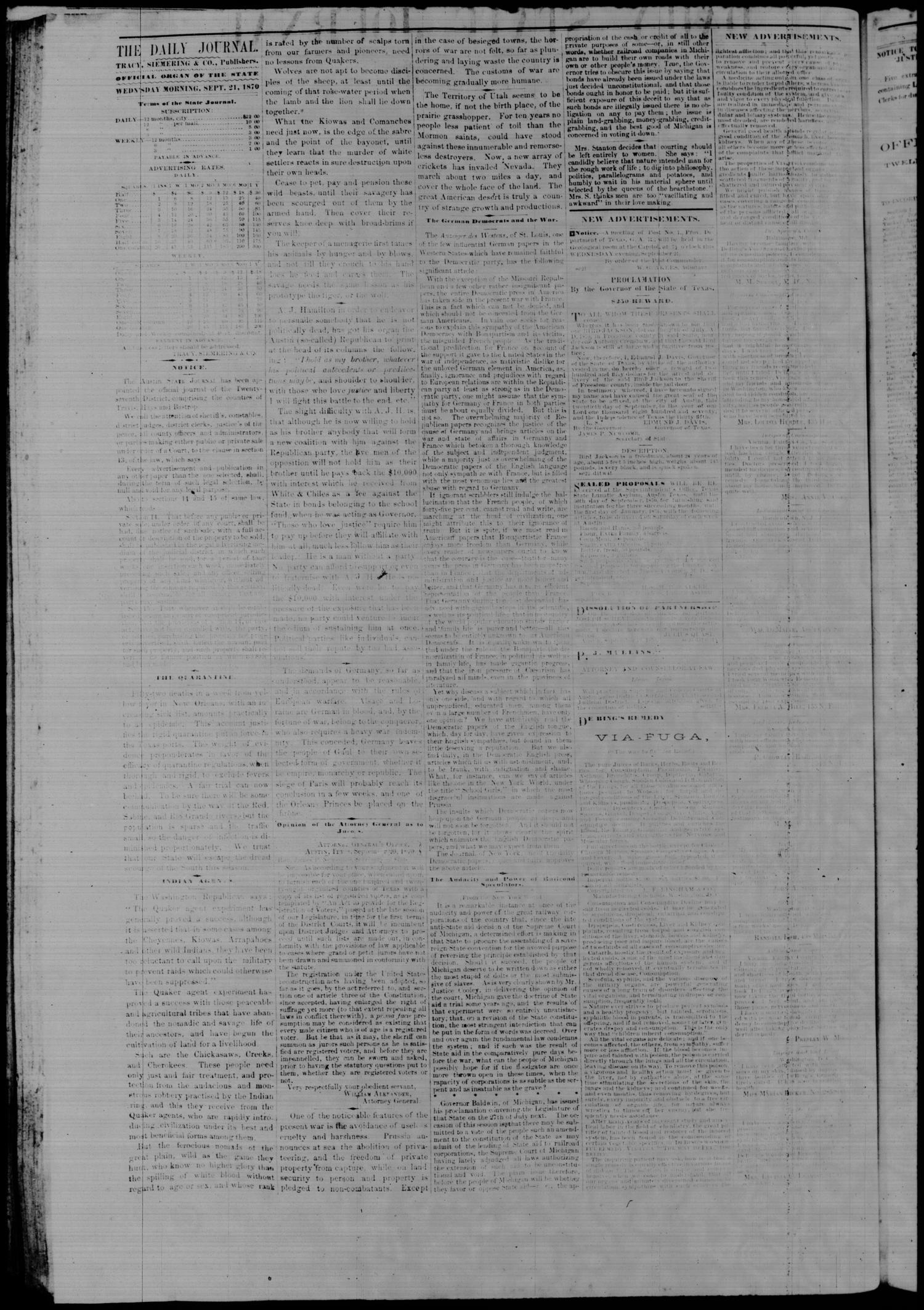 Daily State Journal. (Austin, Tex.), Vol. 1, No. 200, Ed. 1 Wednesday, September 21, 1870
                                                
                                                    [Sequence #]: 2 of 4
                                                