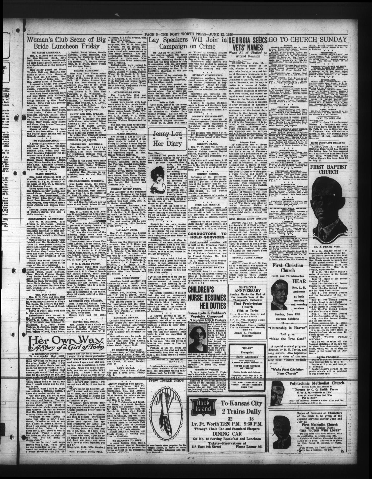 The Fort Worth Press (Fort Worth, Tex.), Vol. 5, No. 216, Ed. 1 Saturday, June 12, 1926
                                                
                                                    [Sequence #]: 5 of 10
                                                