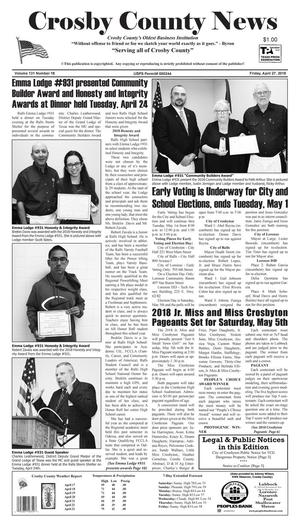 Primary view of Crosby County News (Ralls, Tex.), Vol. 131, No. 18, Ed. 1 Friday, April 27, 2018