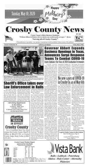 Primary view of object titled 'Crosby County News (Ralls, Tex.), Vol. 133, No. 19, Ed. 1 Friday, May 8, 2020'.