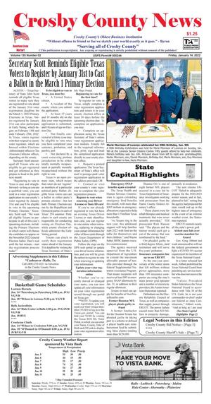 Primary view of Crosby County News (Ralls, Tex.), Vol. 135, No. 02, Ed. 1 Friday, January 14, 2022