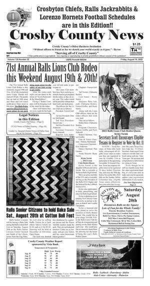Primary view of object titled 'Crosby County News (Ralls, Tex.), Vol. 135, No. 32, Ed. 1 Friday, August 19, 2022'.