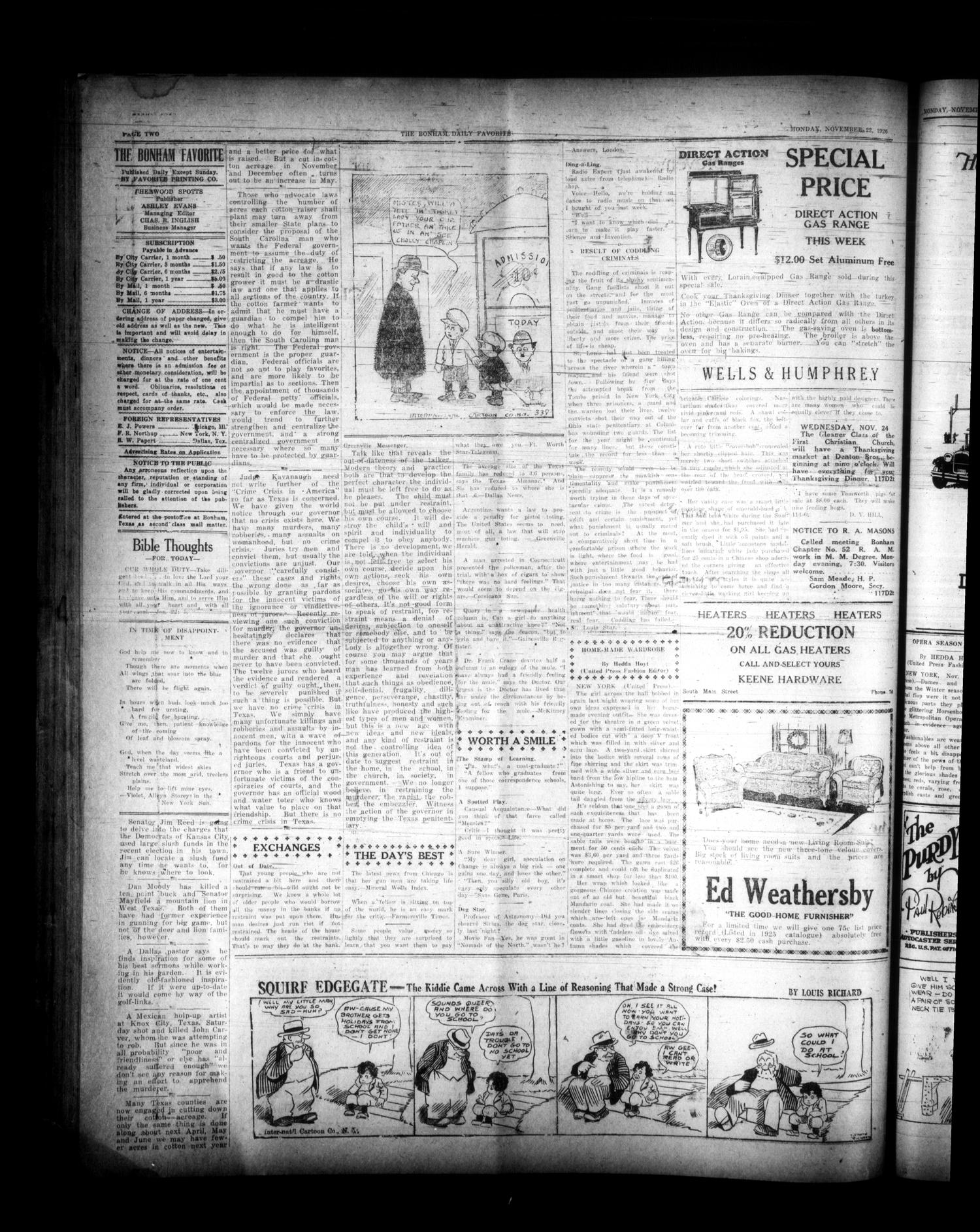 The Bonham Daily Favorite (Bonham, Tex.), Vol. 24, No. 118, Ed. 1 Monday, November 22, 1926
                                                
                                                    [Sequence #]: 2 of 6
                                                