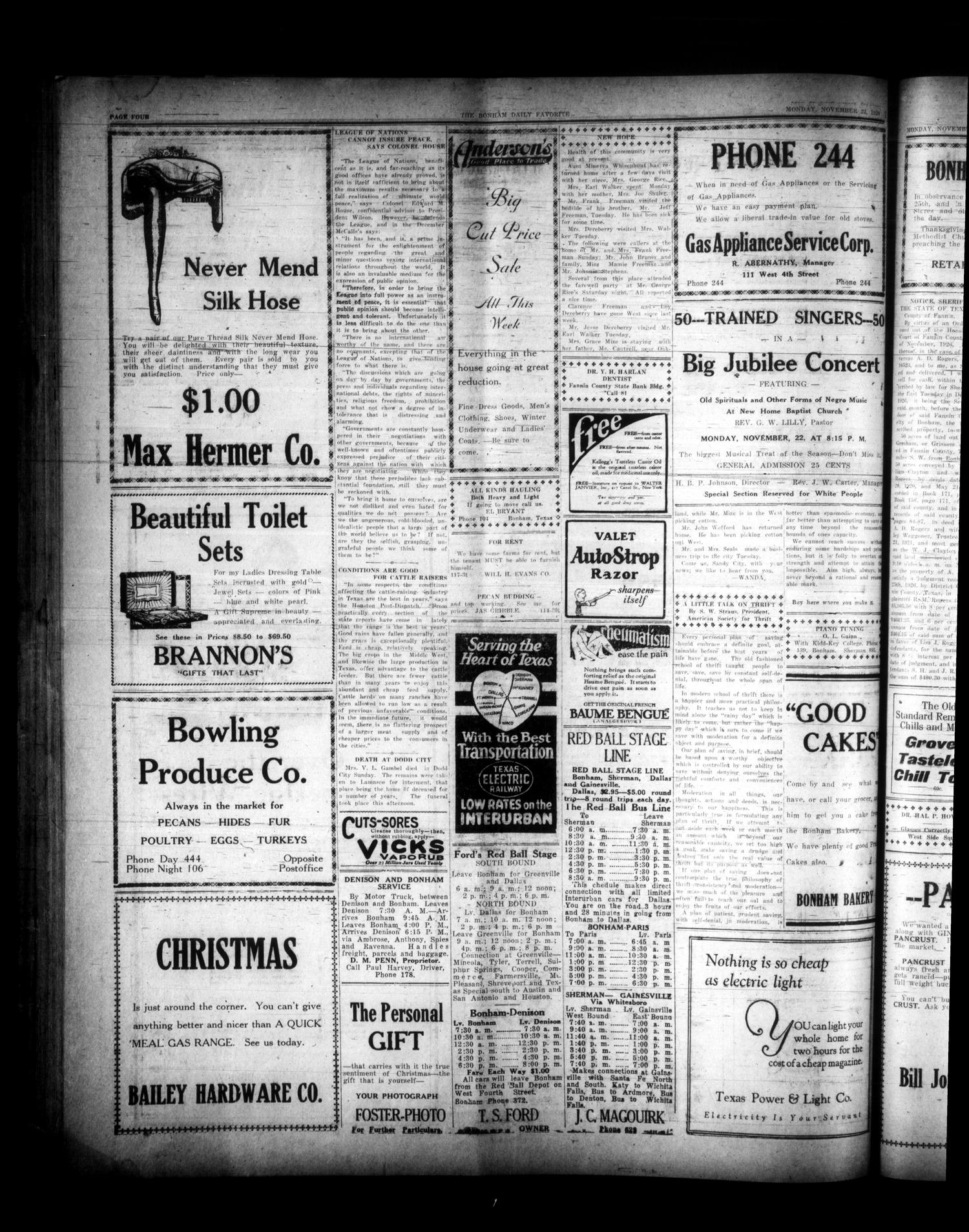 The Bonham Daily Favorite (Bonham, Tex.), Vol. 24, No. 118, Ed. 1 Monday, November 22, 1926
                                                
                                                    [Sequence #]: 4 of 6
                                                