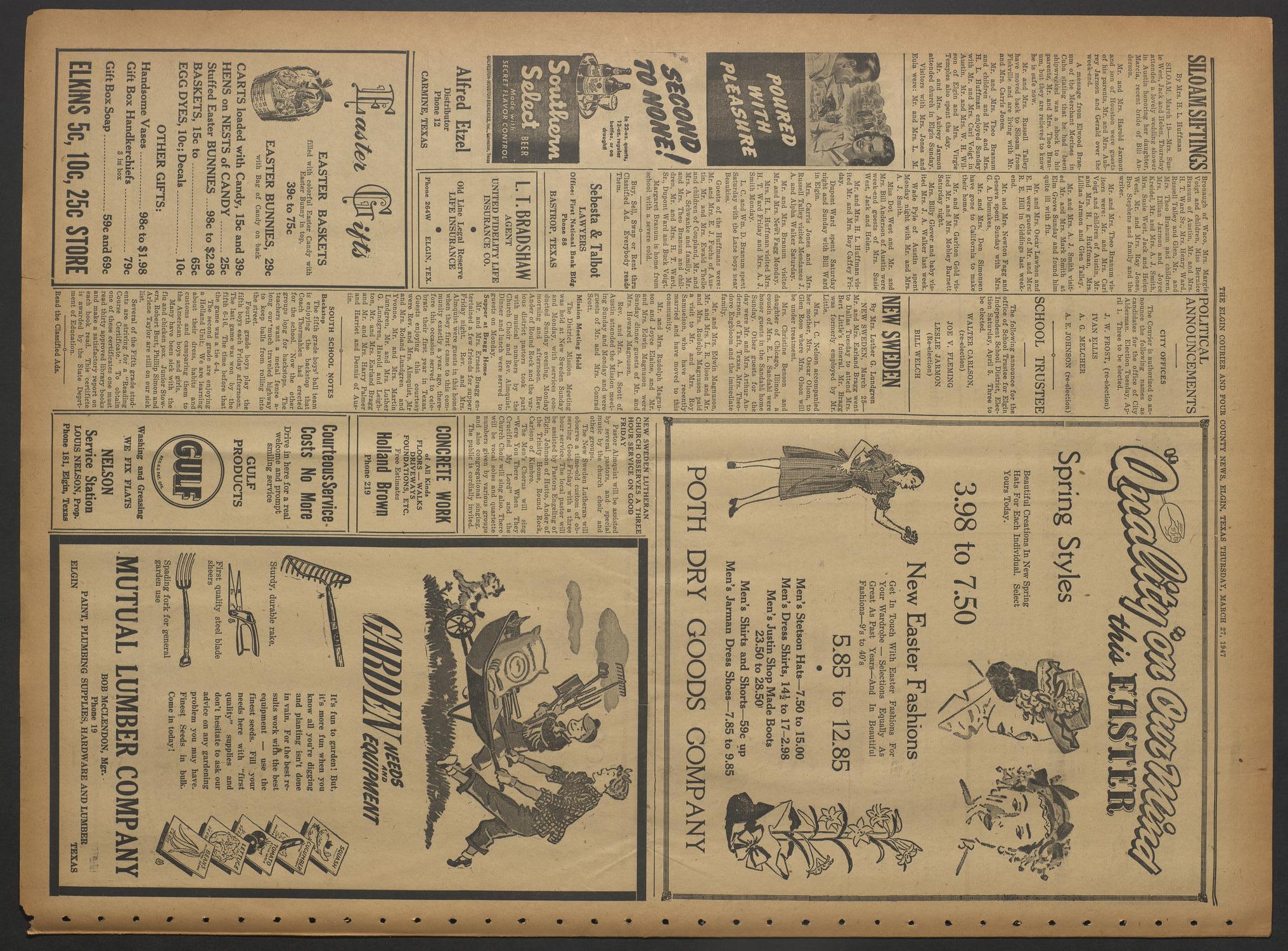 The Elgin Courier and Four County News (Elgin, Tex.), Vol. 56, No. 52, Ed. 1 Thursday, March 27, 1947
                                                
                                                    [Sequence #]: 8 of 8
                                                