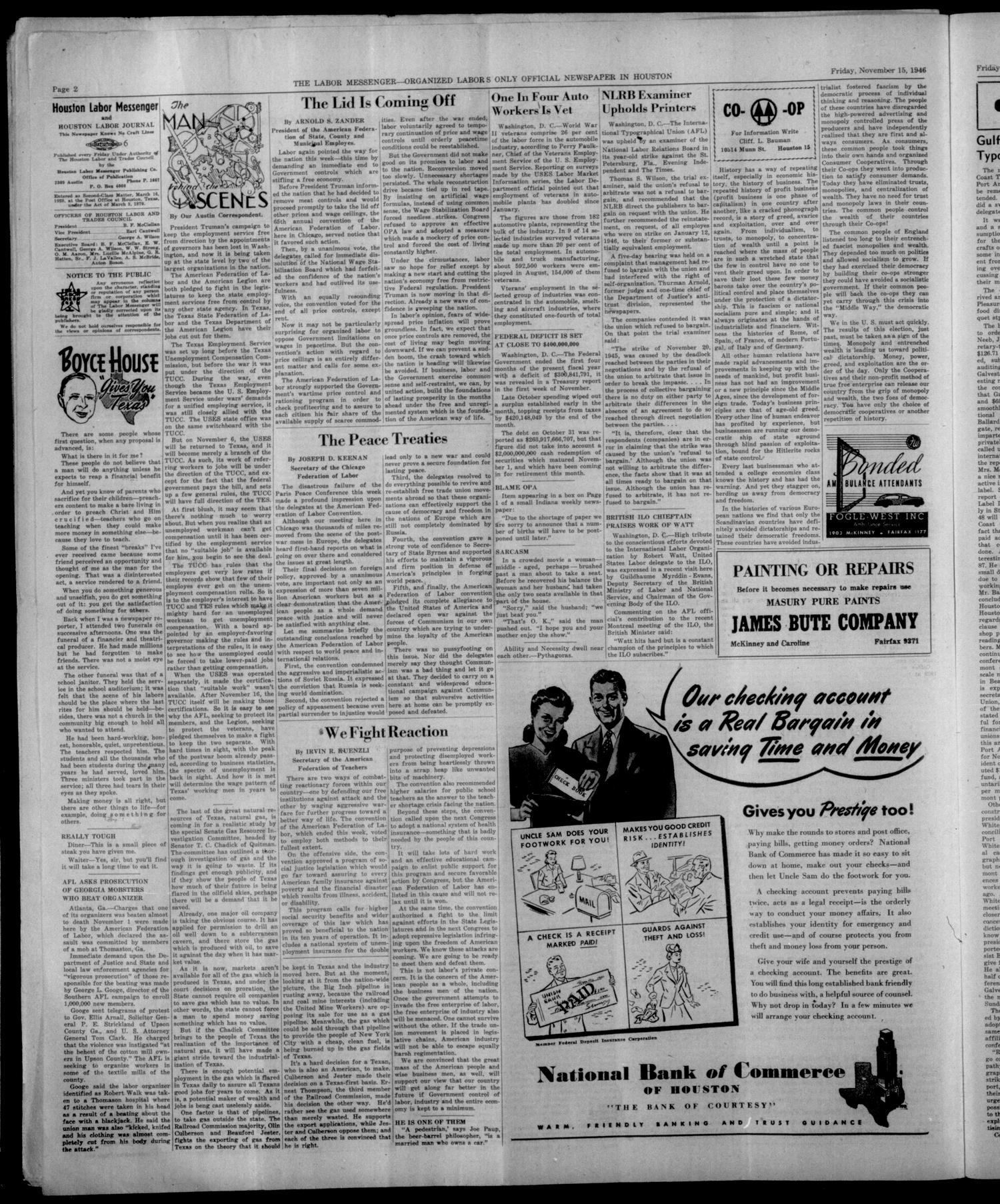 Labor Messenger (Houston, Tex.), Vol. 23, No. 34, Ed. 1 Friday, November 15, 1946
                                                
                                                    [Sequence #]: 2 of 4
                                                