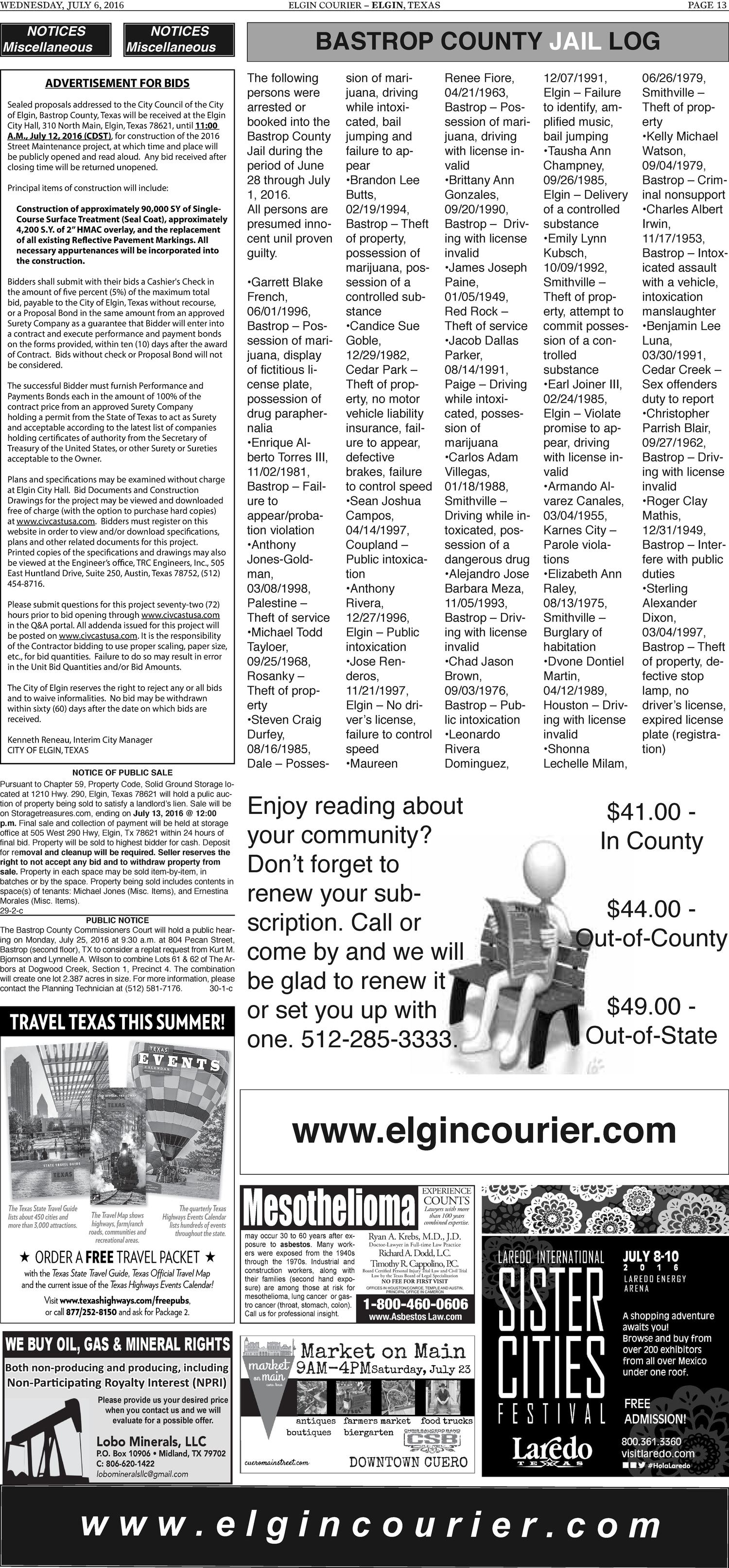Elgin Courier (Elgin, Tex.), Vol. 126, No. 29, Ed. 1 Wednesday, July 6, 2016
                                                
                                                    [Sequence #]: 13 of 14
                                                