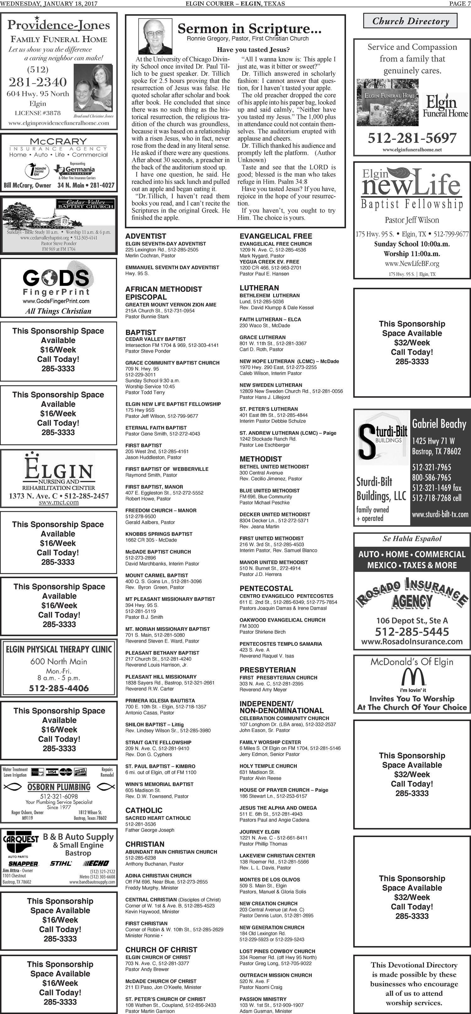 Elgin Courier (Elgin, Tex.), Vol. 127, No. 4, Ed. 1 Wednesday, January 18, 2017
                                                
                                                    [Sequence #]: 7 of 20
                                                