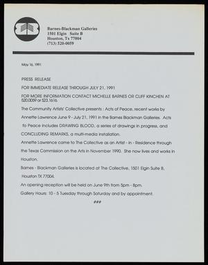 Primary view of object titled '[Press Release Announcing the "Acts of Peace" Exhibit - May 16, 1991]'.