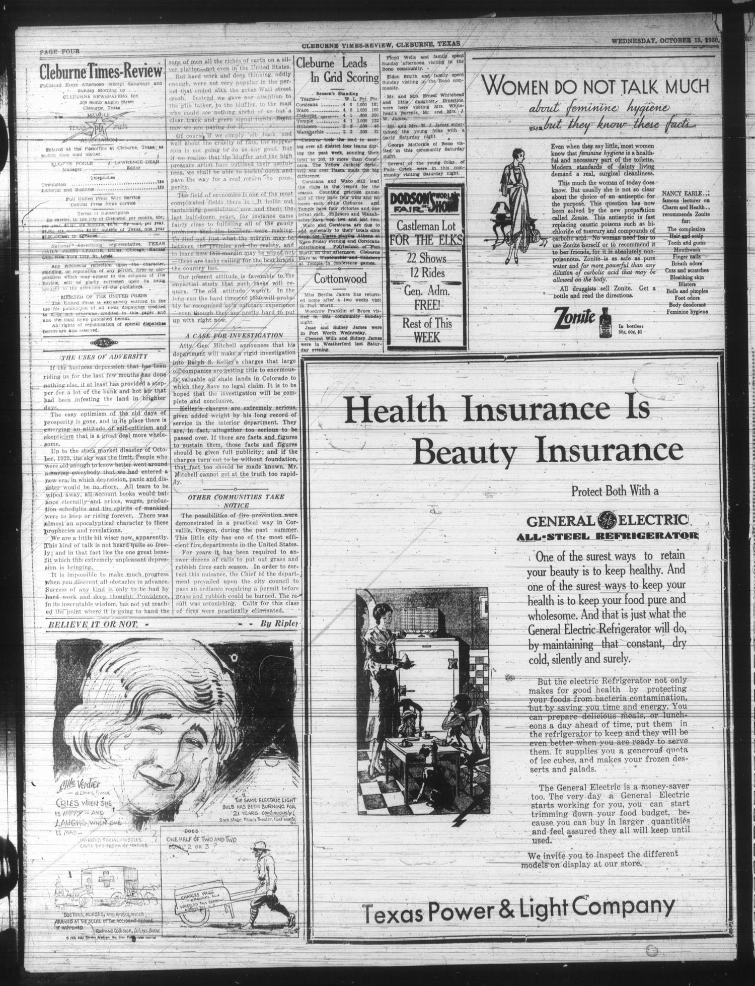 Cleburne Times-Review (Cleburne, Tex.), Vol. 25, No. 324, Ed. 1 Wednesday, October 15, 1930
                                                
                                                    [Sequence #]: 4 of 12
                                                