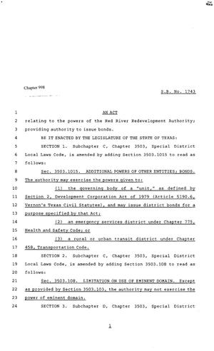 Primary view of object titled '80th Texas Legislature, Regular Session, Senate Bill 1743, Chapter 998'.