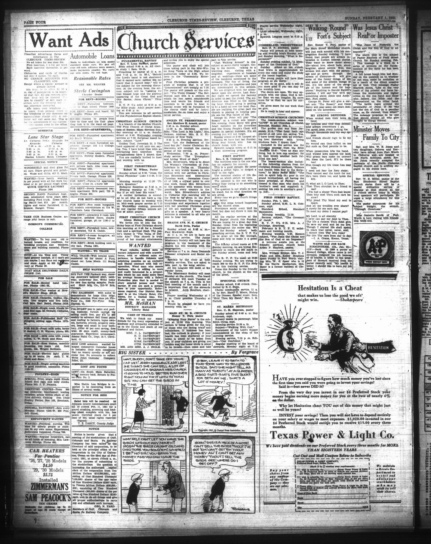 Cleburne Times-Review (Cleburne, Tex.), Vol. 26, No. 104, Ed. 1 Sunday, February 1, 1931
                                                
                                                    [Sequence #]: 4 of 6
                                                