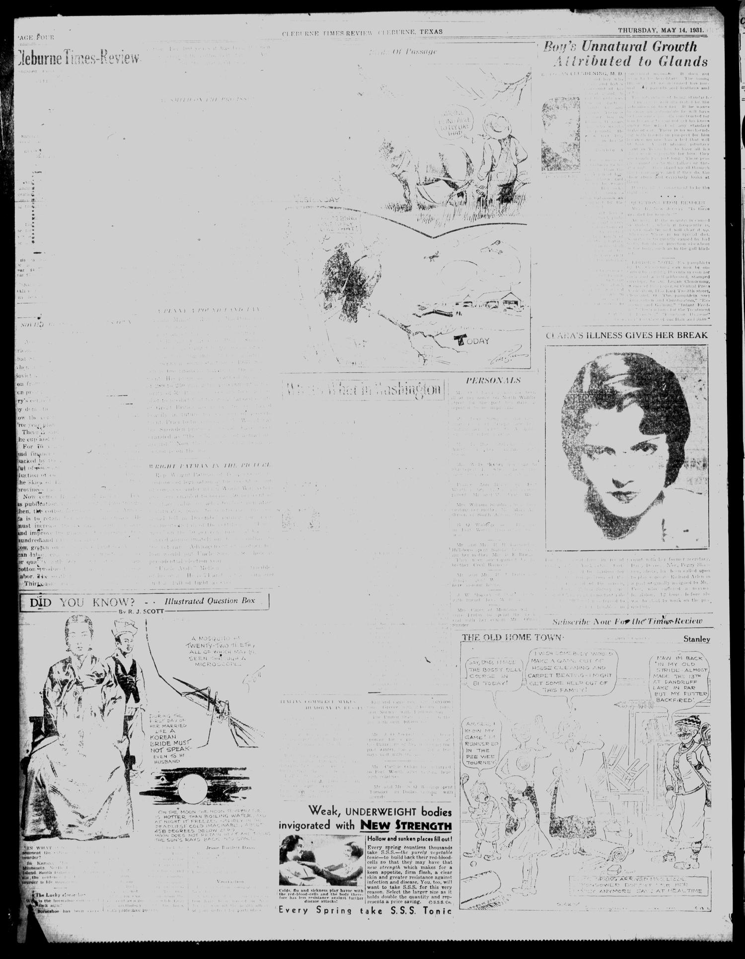 Cleburne Times-Review (Cleburne, Tex.), Vol. 26, No. 192, Ed. 1 Thursday, May 14, 1931
                                                
                                                    [Sequence #]: 4 of 8
                                                
