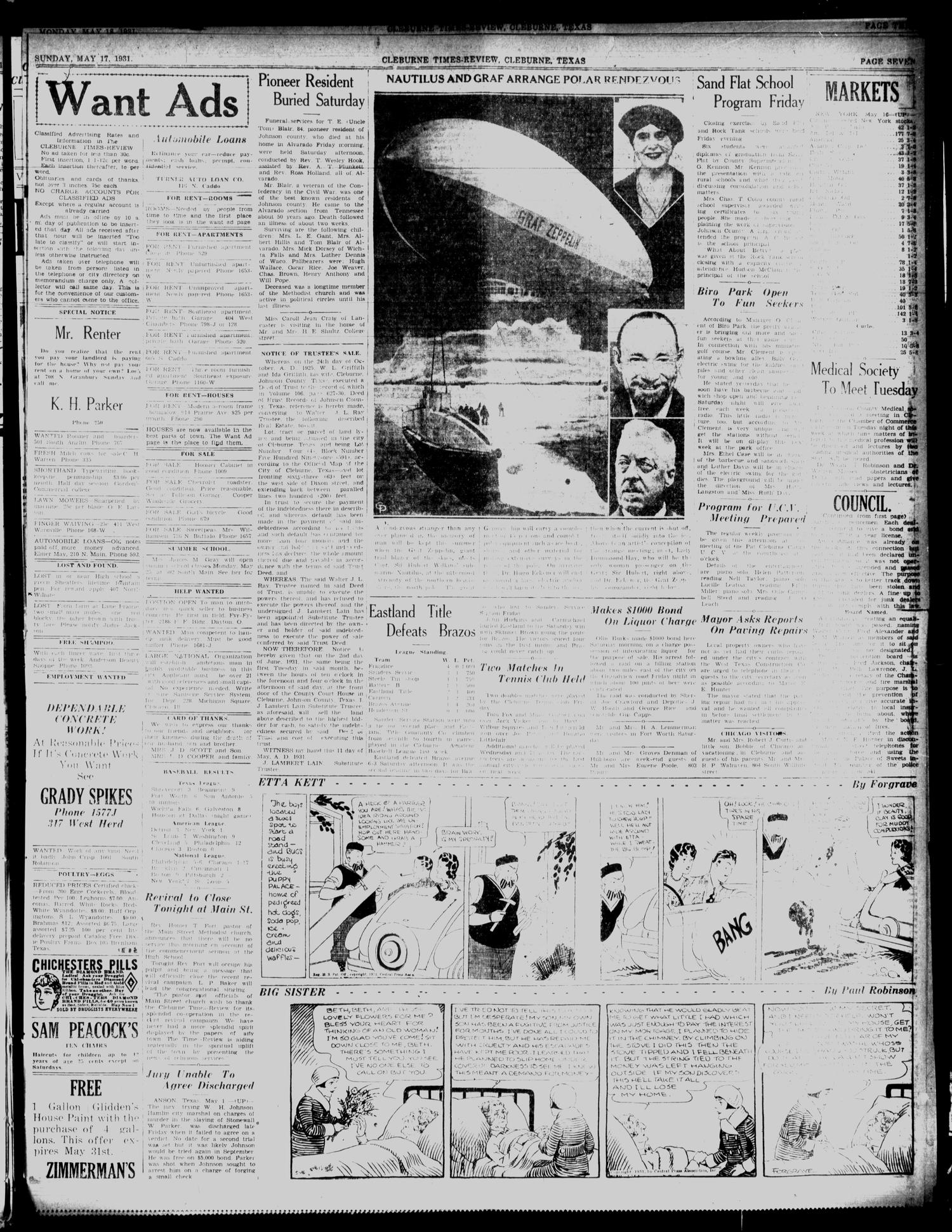 Cleburne Times-Review (Cleburne, Tex.), Vol. 26, No. 194, Ed. 1 Sunday, May 17, 1931
                                                
                                                    [Sequence #]: 7 of 8
                                                