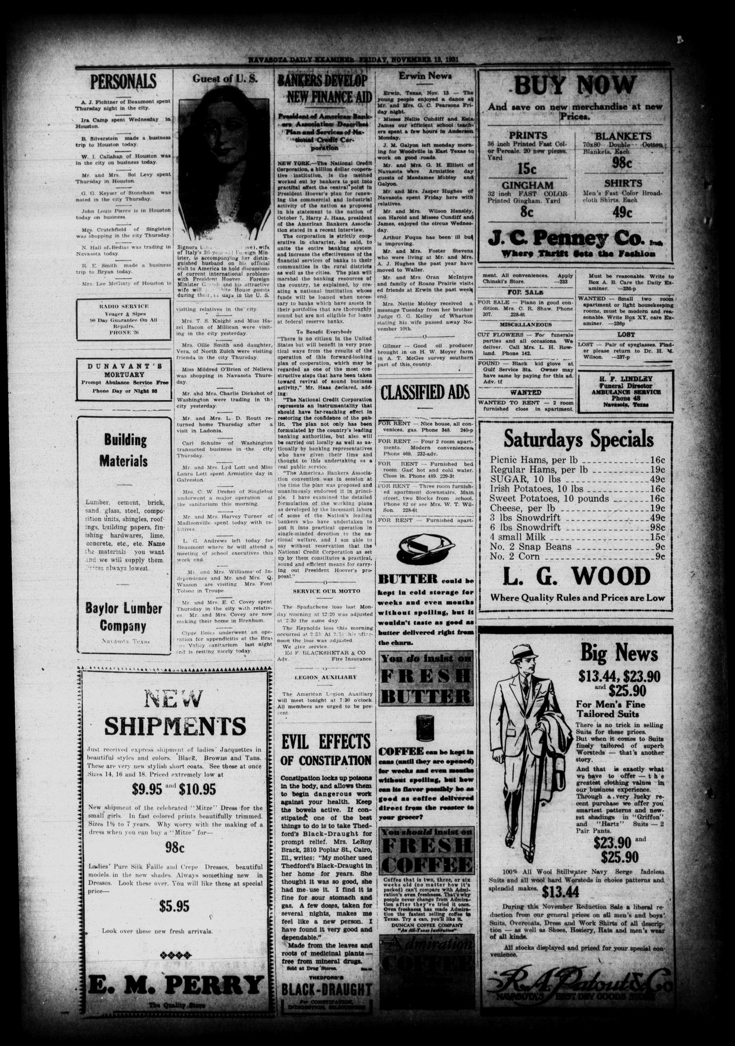 Navasota Daily Examiner (Navasota, Tex.), Vol. 34, No. 235, Ed. 1 Friday, November 13, 1931
                                                
                                                    [Sequence #]: 6 of 6
                                                