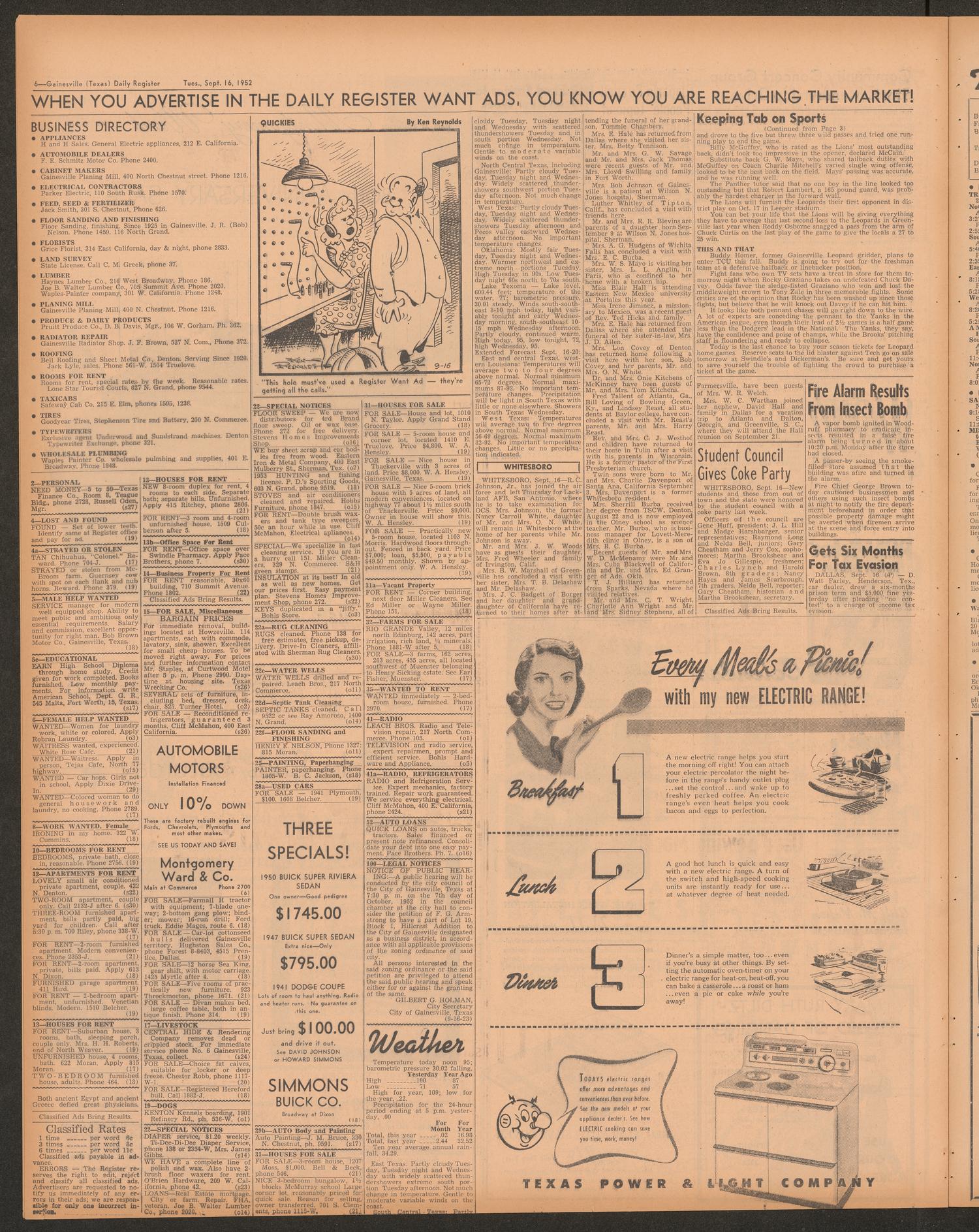 Gainesville Daily Register and Messenger (Gainesville, Tex.), Vol. 63, No. 15, Ed. 1 Tuesday, September 16, 1952
                                                
                                                    [Sequence #]: 6 of 8
                                                