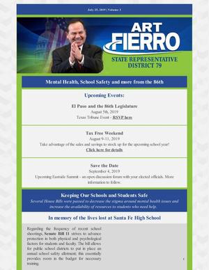 Primary view of object titled 'Newsletter of Texas State Representative Art Fierro: Volume 3, July 2019'.