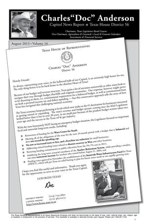 Primary view of object titled 'Newsletter of Texas State Representative Charles Anderson: Volume 16, August 2013'.