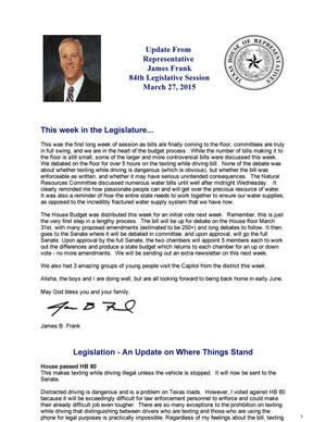 Primary view of object titled 'Newsletter of Texas State Representative James Frank: March 27, 2015'.
