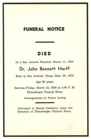 Primary view of object titled '[Funeral Notice for John Bennett Herff, March 11, 1959['.