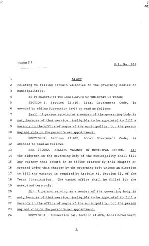 Primary view of 80th Texas Legislature, Regular Session, Senate Bill 653, Chapter 513
