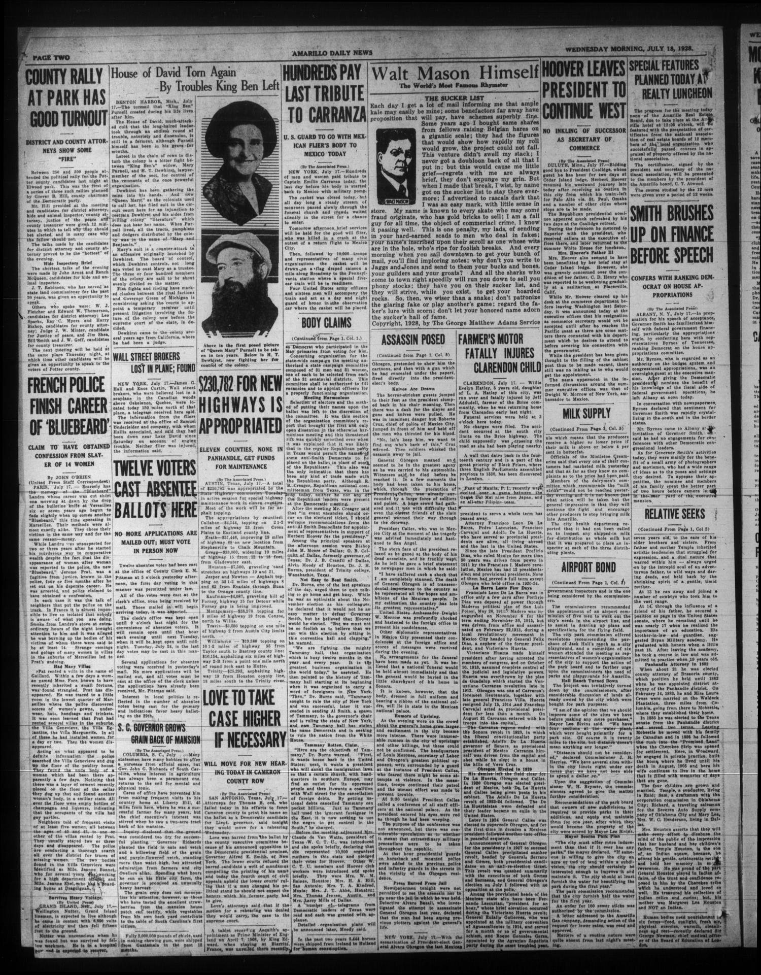 Amarillo Daily News (Amarillo, Tex.), Vol. 19, No. 255, Ed. 1 Wednesday, July 18, 1928
                                                
                                                    [Sequence #]: 2 of 16
                                                