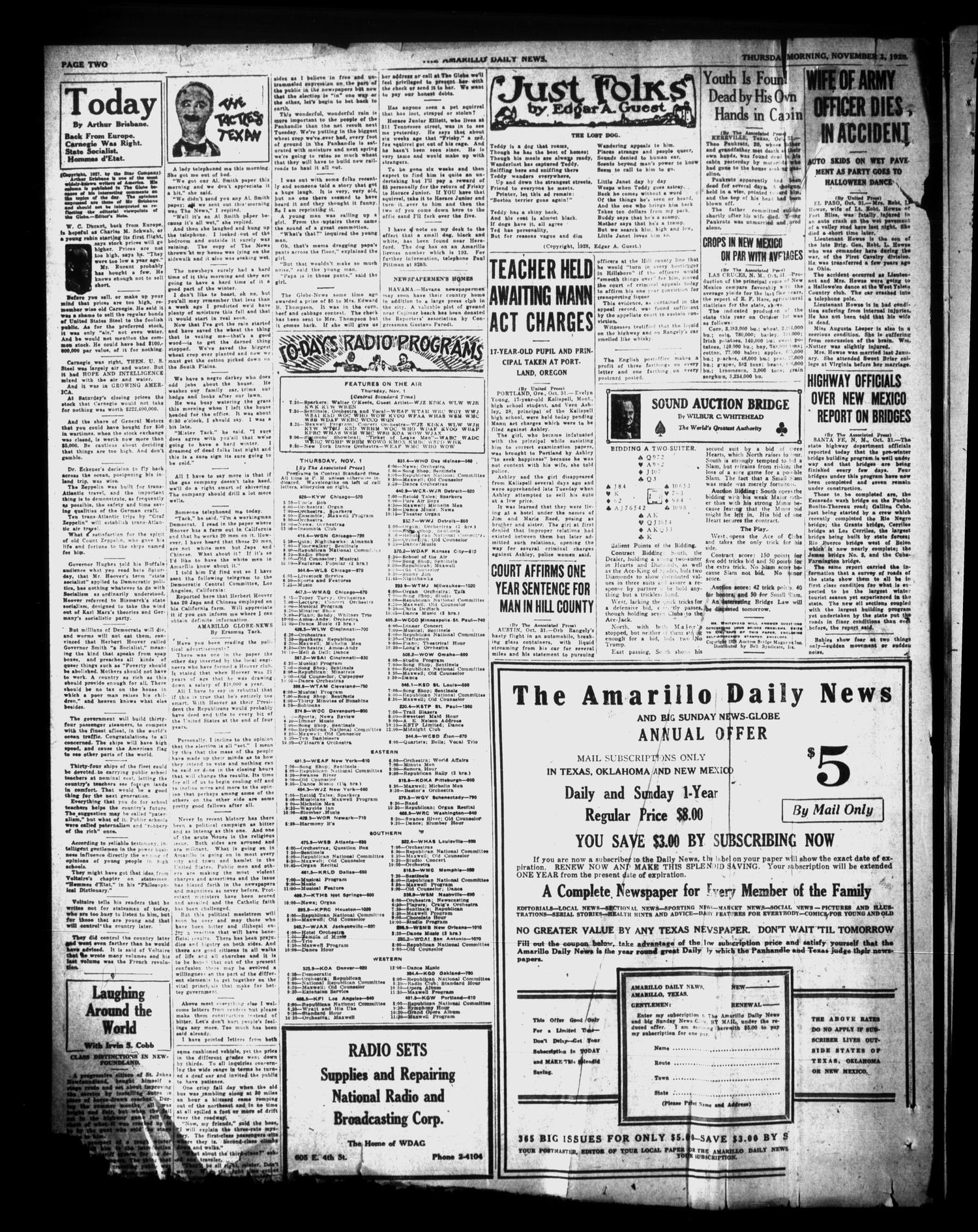 Amarillo Daily News (Amarillo, Tex.), Vol. 19, No. 350, Ed. 1 Thursday, November 1, 1928
                                                
                                                    [Sequence #]: 2 of 20
                                                