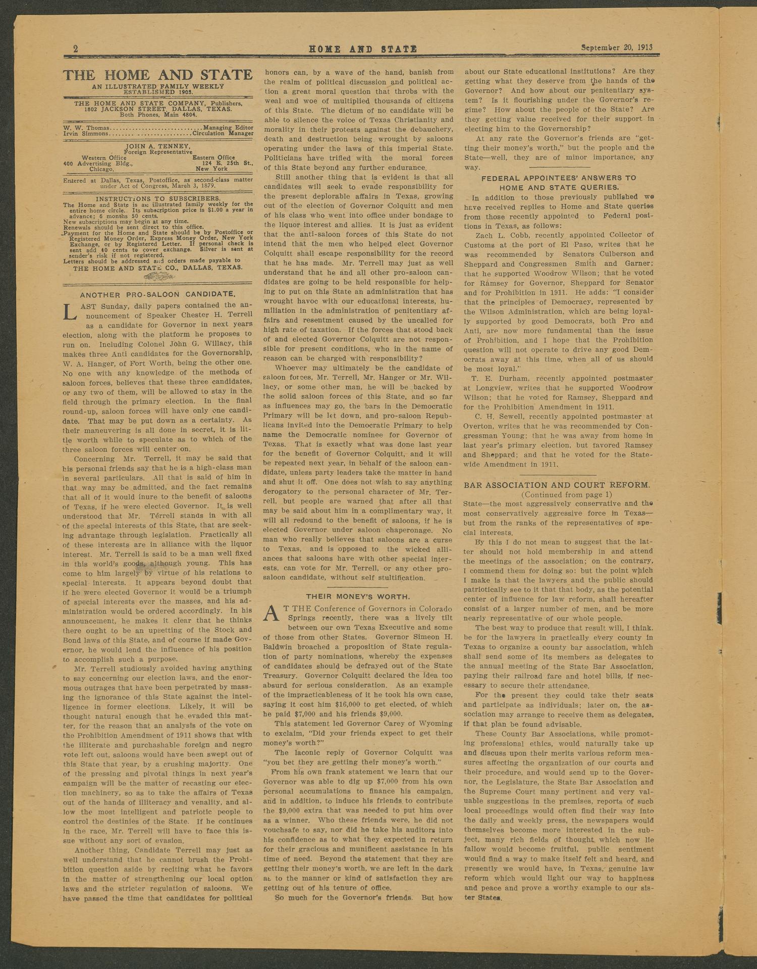 The Home and State (Dallas, Tex.), Vol. 15, No. 9, Ed. 1 Saturday, September 20, 1913
                                                
                                                    [Sequence #]: 2 of 8
                                                