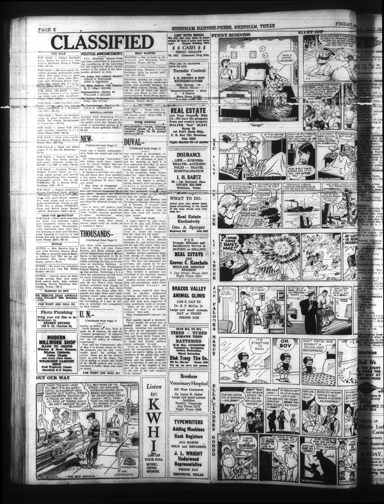Brenham Banner-Press (Brenham, Tex.), Vol. 87, No. 98, Ed. 1 Friday, May 16, 1952
                                                
                                                    [Sequence #]: 4 of 6
                                                