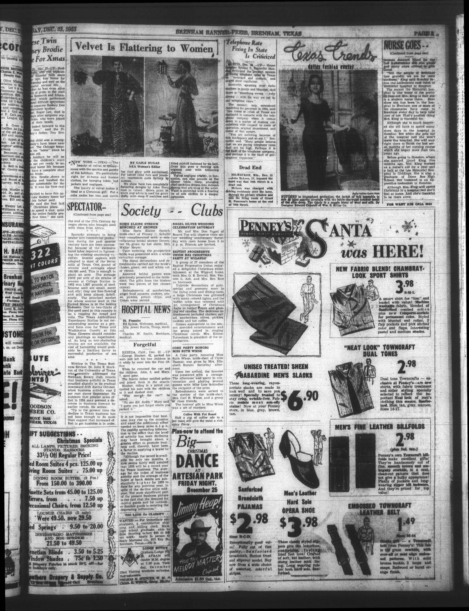 Brenham Banner-Press (Brenham, Tex.), Vol. 88, No. 252, Ed. 1 Tuesday, December 22, 1953
                                                
                                                    [Sequence #]: 3 of 6
                                                