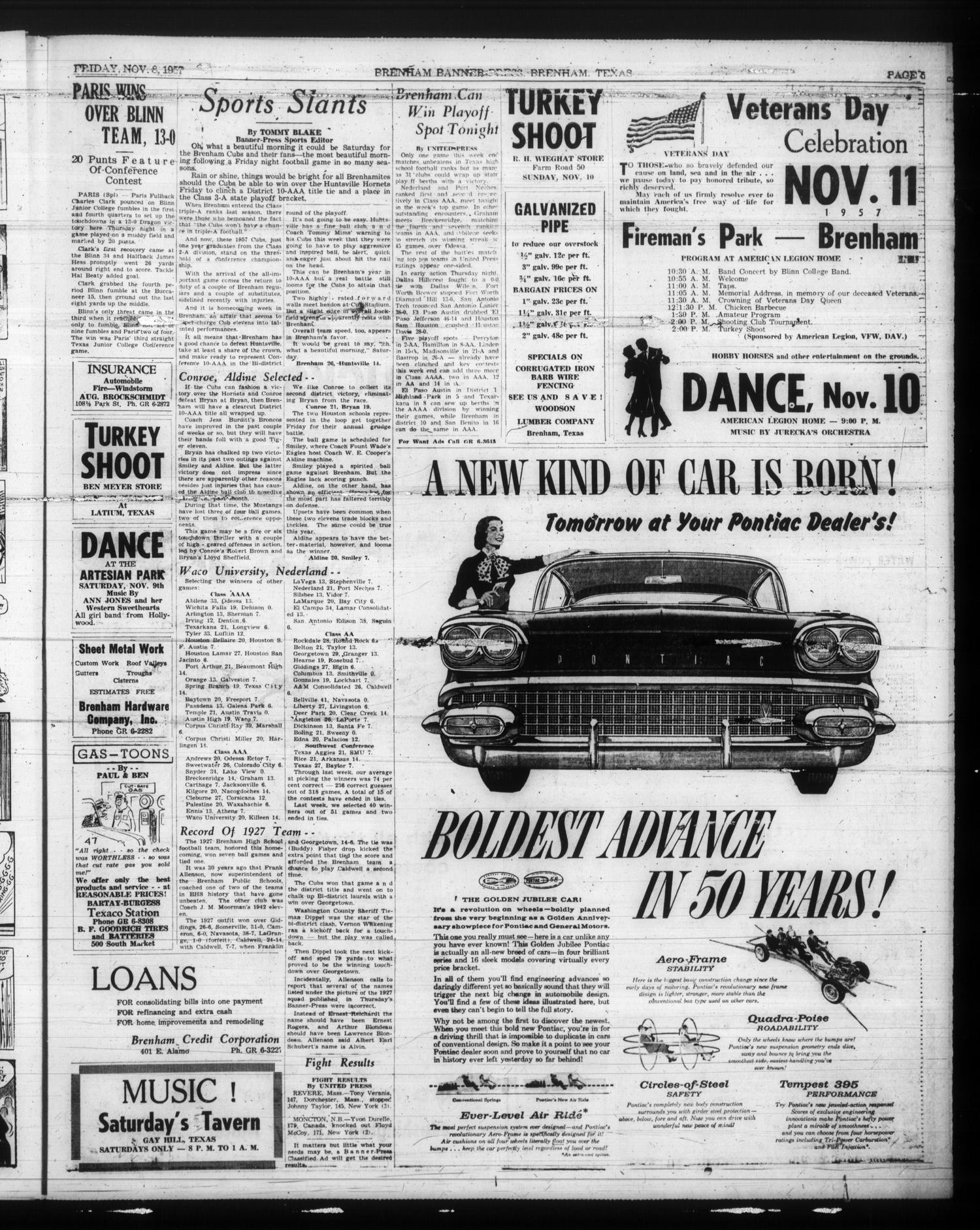 Brenham Banner-Press (Brenham, Tex.), Vol. 92, No. 222, Ed. 1 Friday, November 8, 1957
                                                
                                                    [Sequence #]: 5 of 10
                                                