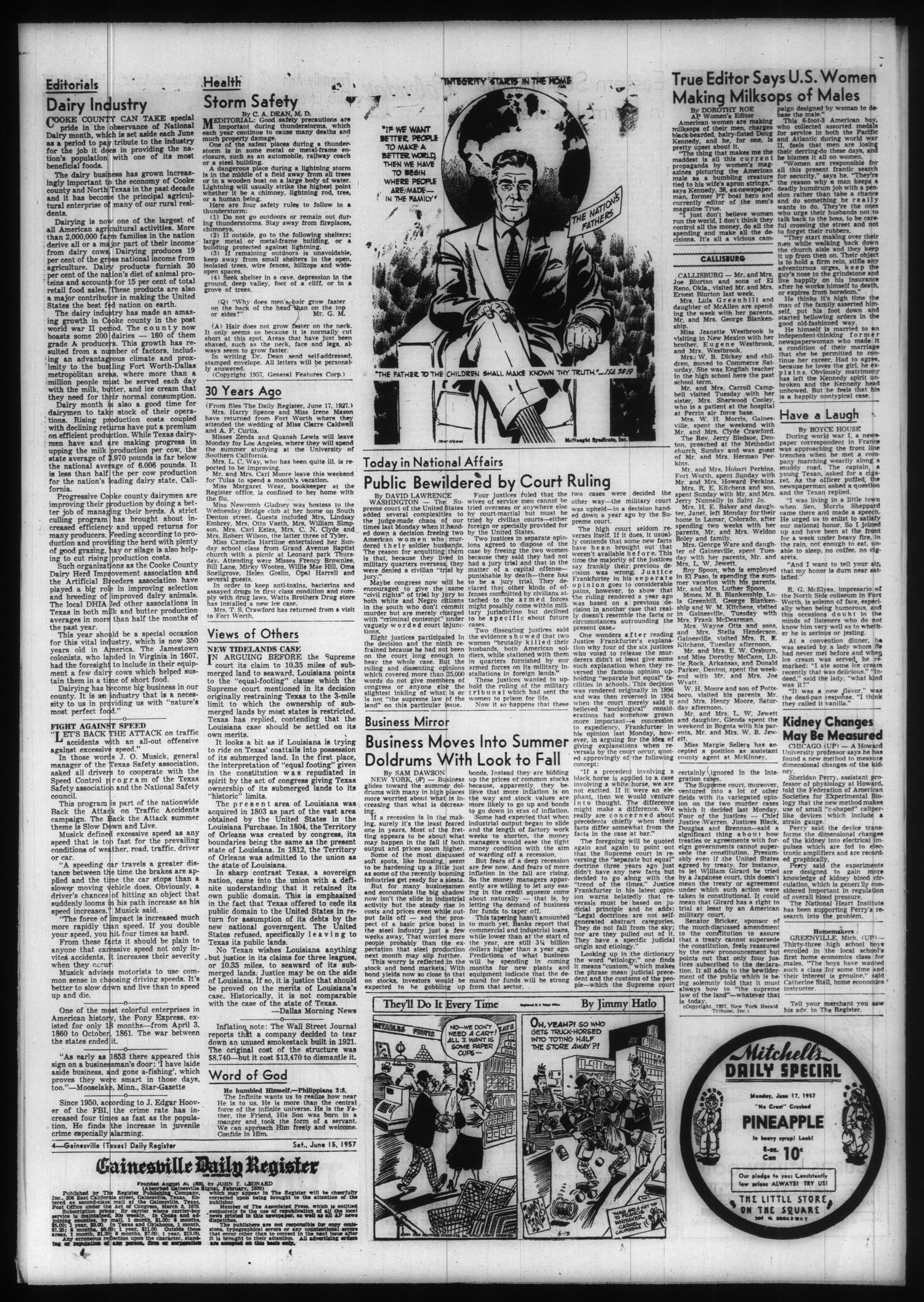 Gainesville Daily Register and Messenger (Gainesville, Tex.), Vol. 67, No. 249, Ed. 1 Saturday, June 15, 1957
                                                
                                                    [Sequence #]: 4 of 8
                                                