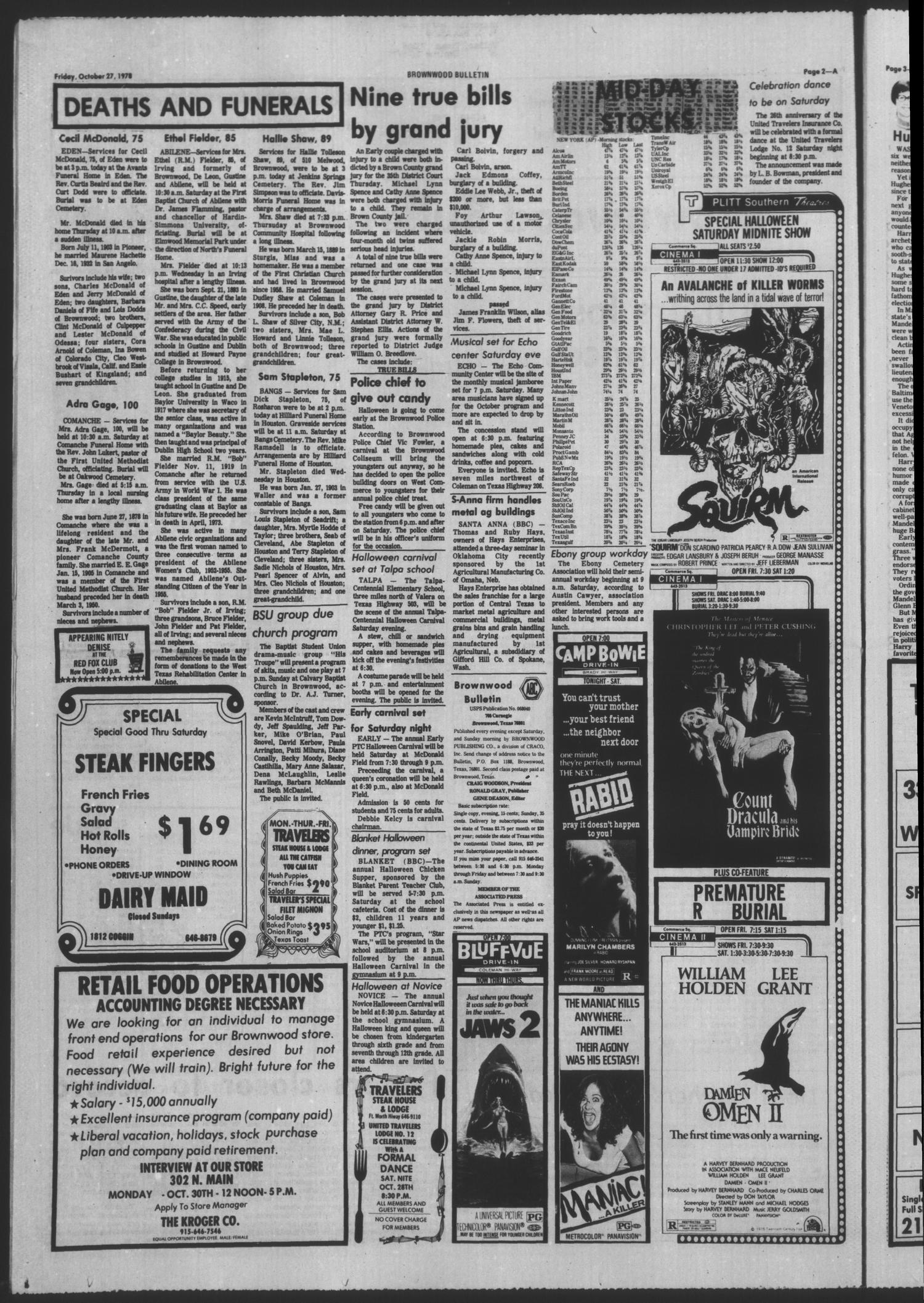 Brownwood Bulletin (Brownwood, Tex.), Vol. 79, No. 12, Ed. 1 Friday, October 27, 1978
                                                
                                                    [Sequence #]: 2 of 20
                                                