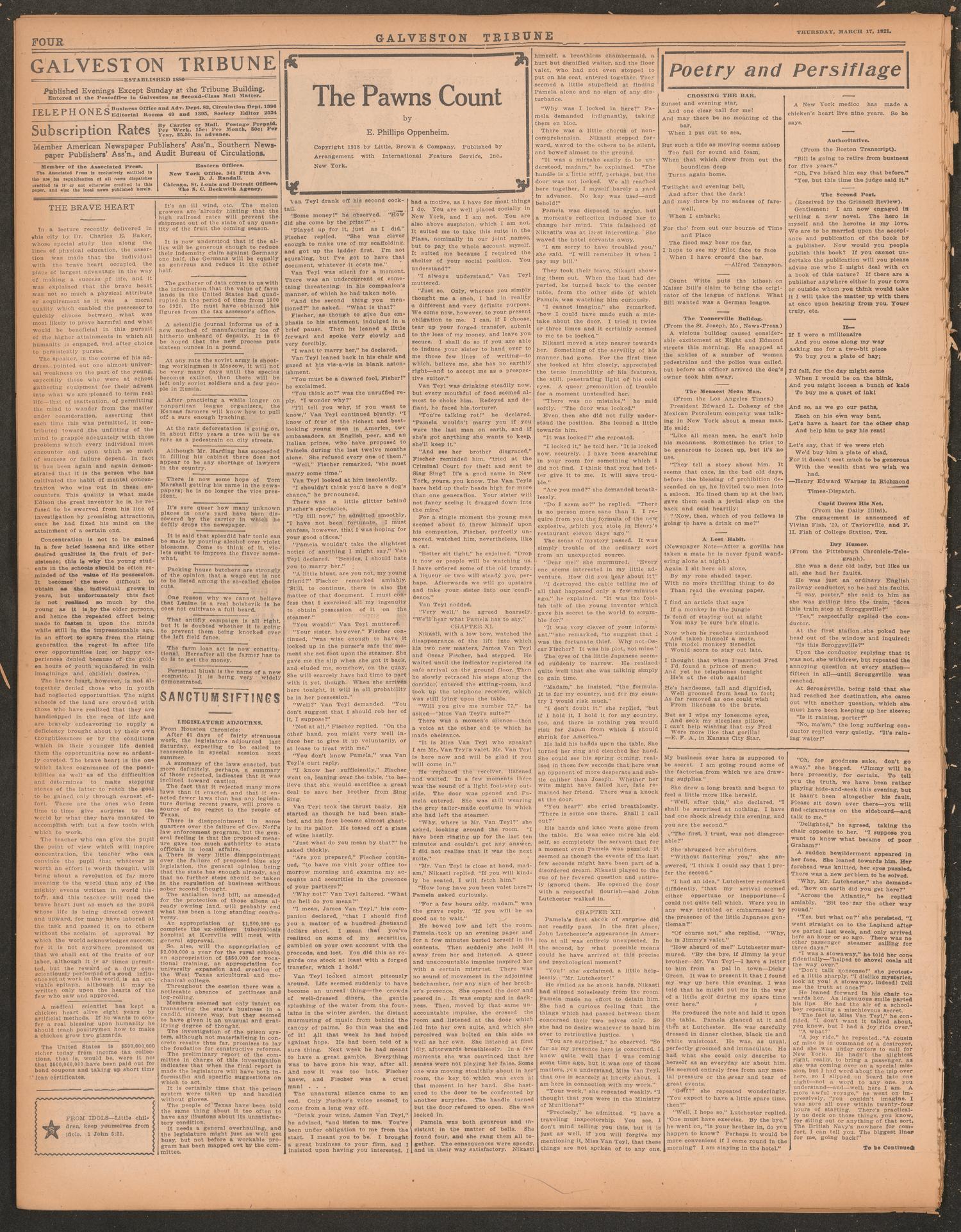 Galveston Tribune. (Galveston, Tex.), Vol. 41, No. 95, Ed. 1 Thursday, March 17, 1921
                                                
                                                    [Sequence #]: 4 of 12
                                                