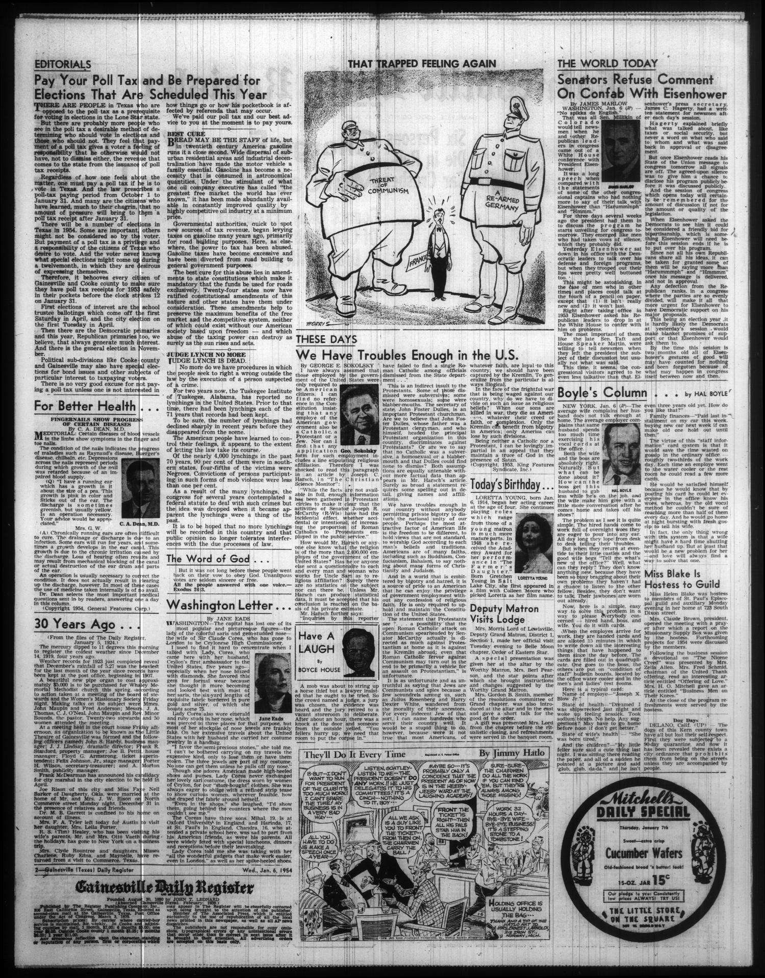 Gainesville Daily Register and Messenger (Gainesville, Tex.), Vol. 64, No. 111, Ed. 1 Wednesday, January 6, 1954
                                                
                                                    [Sequence #]: 2 of 8
                                                