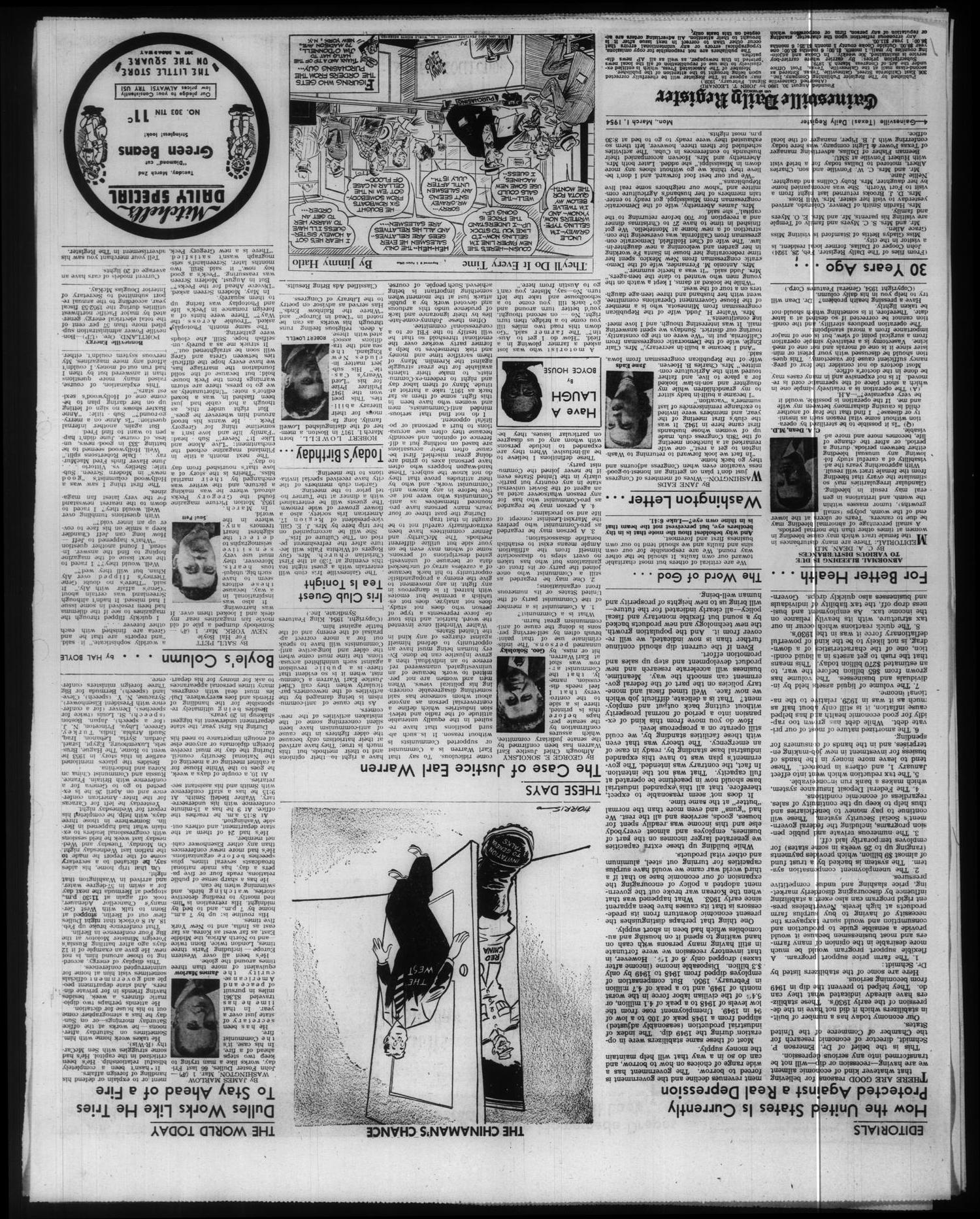 Gainesville Daily Register and Messenger (Gainesville, Tex.), Vol. 64, No. 157, Ed. 1 Monday, March 1, 1954
                                                
                                                    [Sequence #]: 4 of 8
                                                