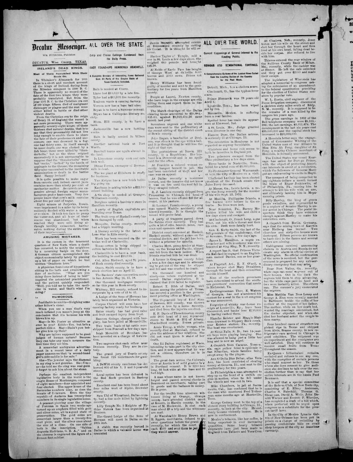 Wise County Messenger. (Decatur, Tex.), No. 418, Ed. 1 Saturday, April 15, 1893
                                                
                                                    [Sequence #]: 2 of 8
                                                