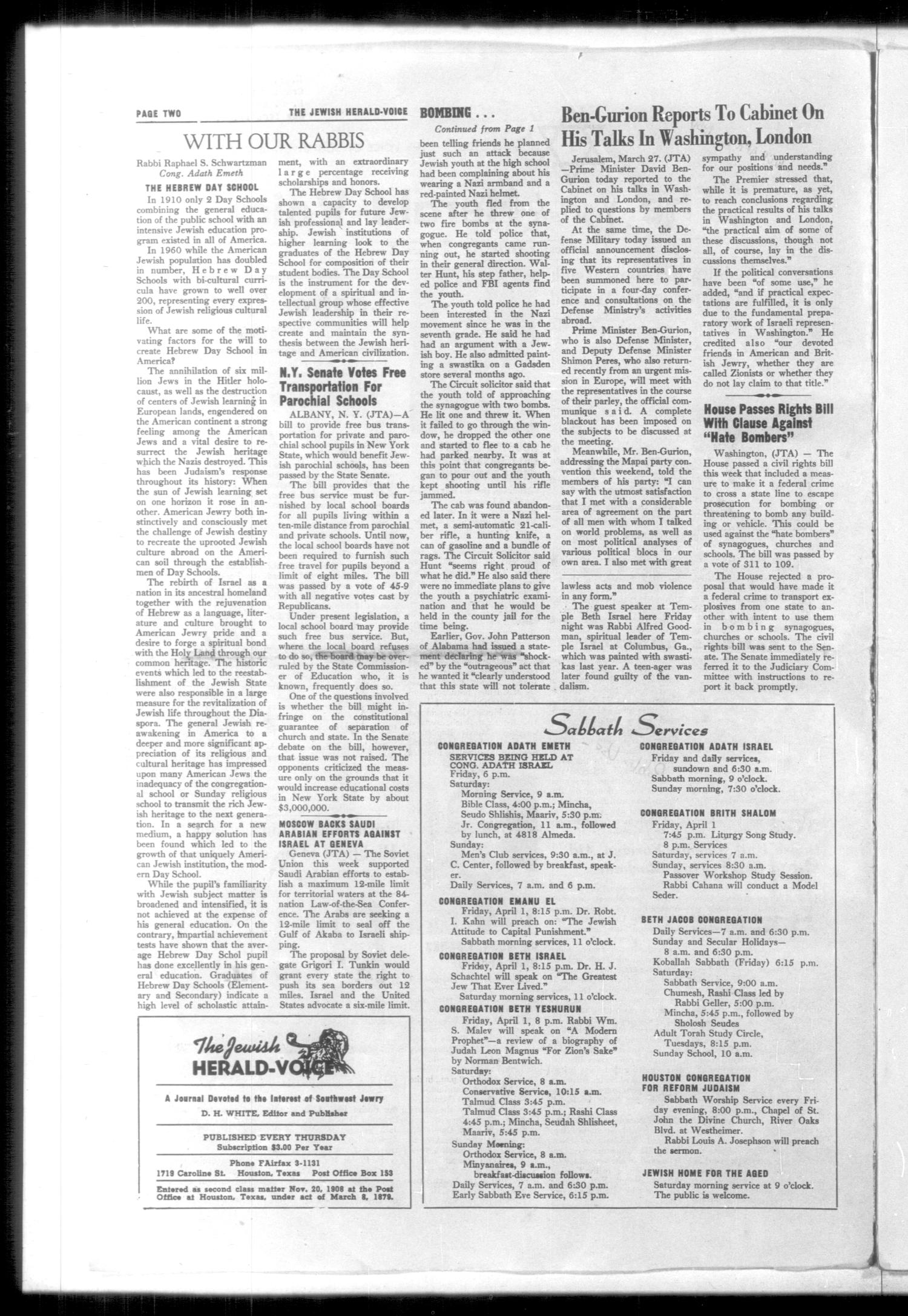 The Jewish Herald-Voice (Houston, Tex.), Vol. 55, No. 1, Ed. 1 Thursday, March 31, 1960
                                                
                                                    [Sequence #]: 2 of 13
                                                