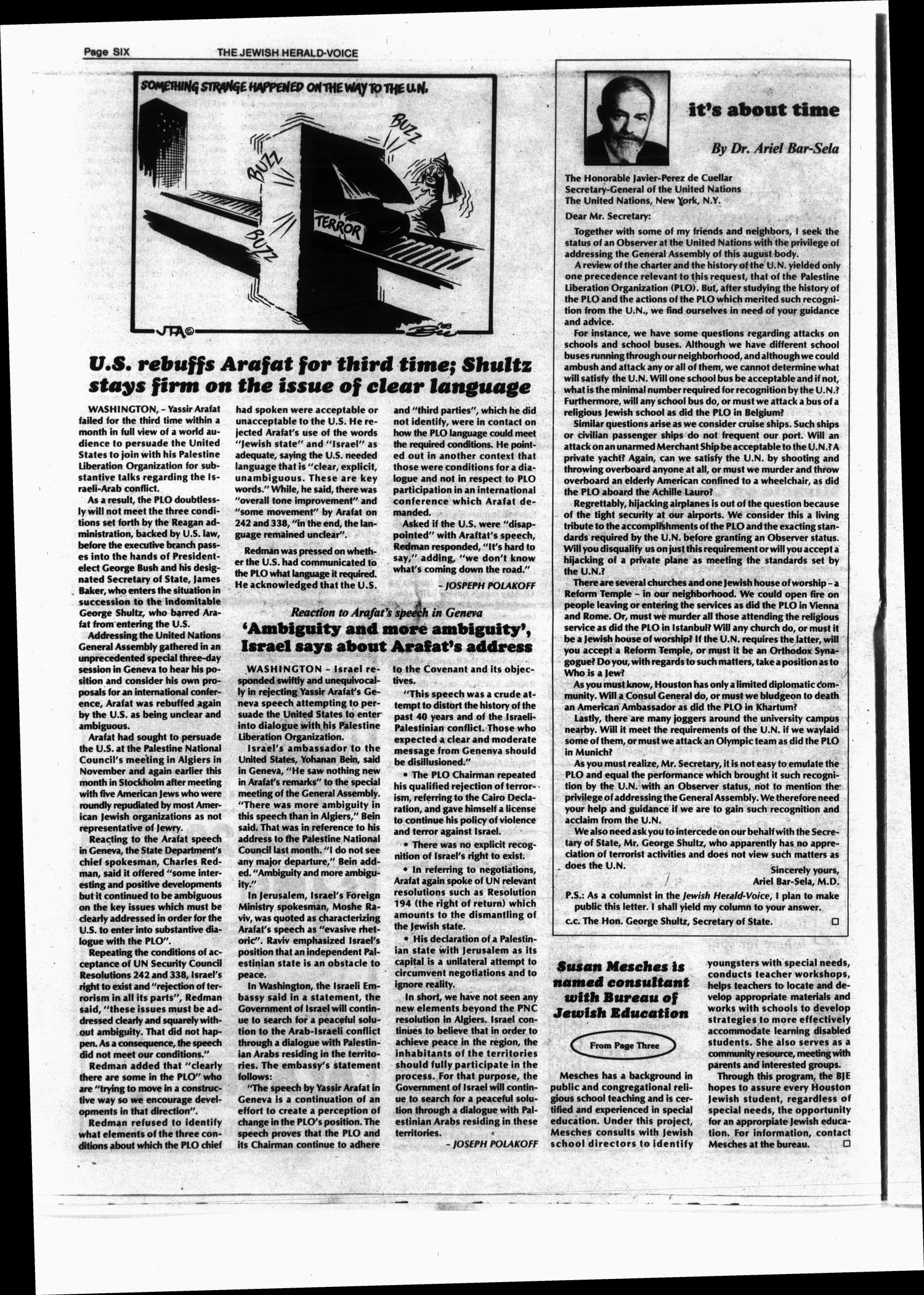 Jewish Herald-Voice (Houston, Tex.), Vol. 80, No. 39, Ed. 1 Thursday, December 15, 1988
                                                
                                                    [Sequence #]: 6 of 40
                                                