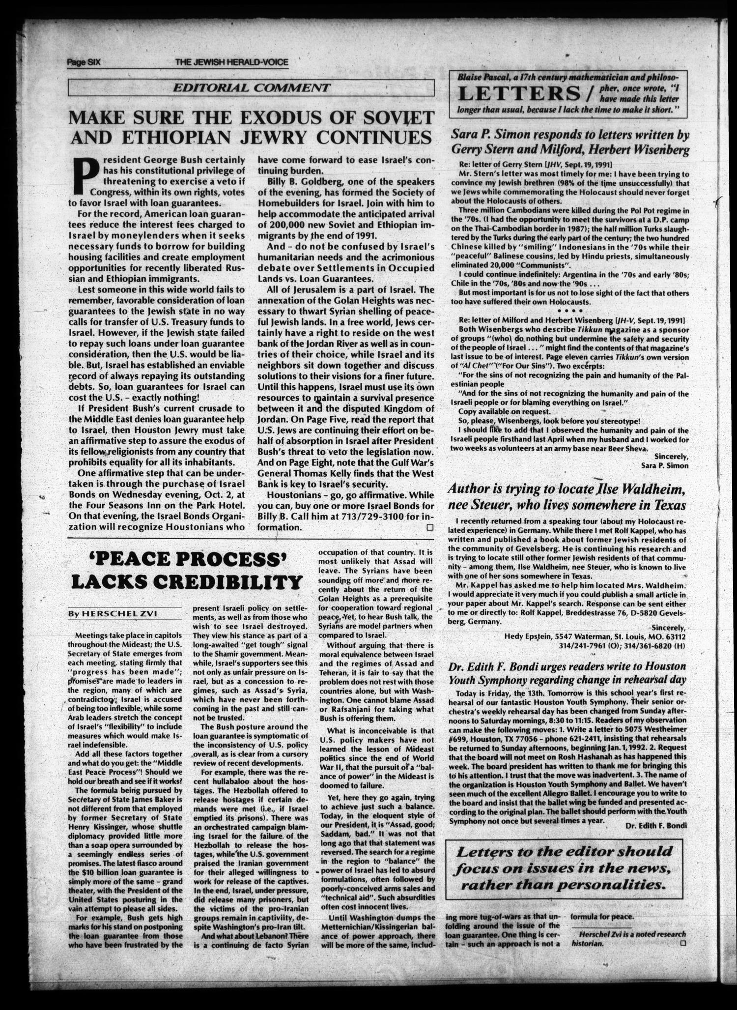 Jewish Herald-Voice (Houston, Tex.), Vol. 83, No. 28, Ed. 1 Thursday, September 26, 1991
                                                
                                                    [Sequence #]: 6 of 28
                                                