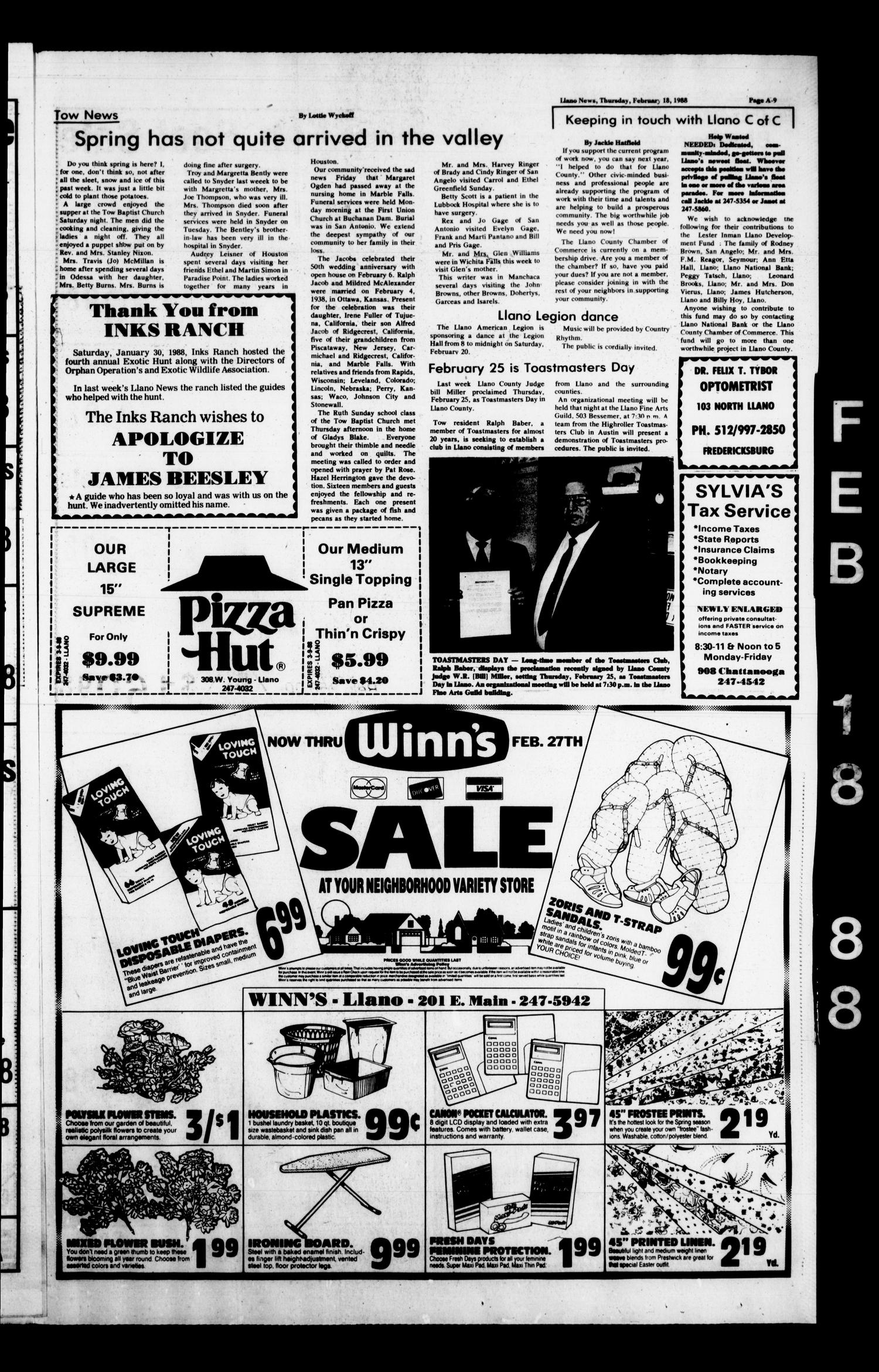The Llano News (Llano, Tex.), Vol. 97, No. 16, Ed. 1 Thursday, February 18, 1988
                                                
                                                    [Sequence #]: 8 of 25
                                                