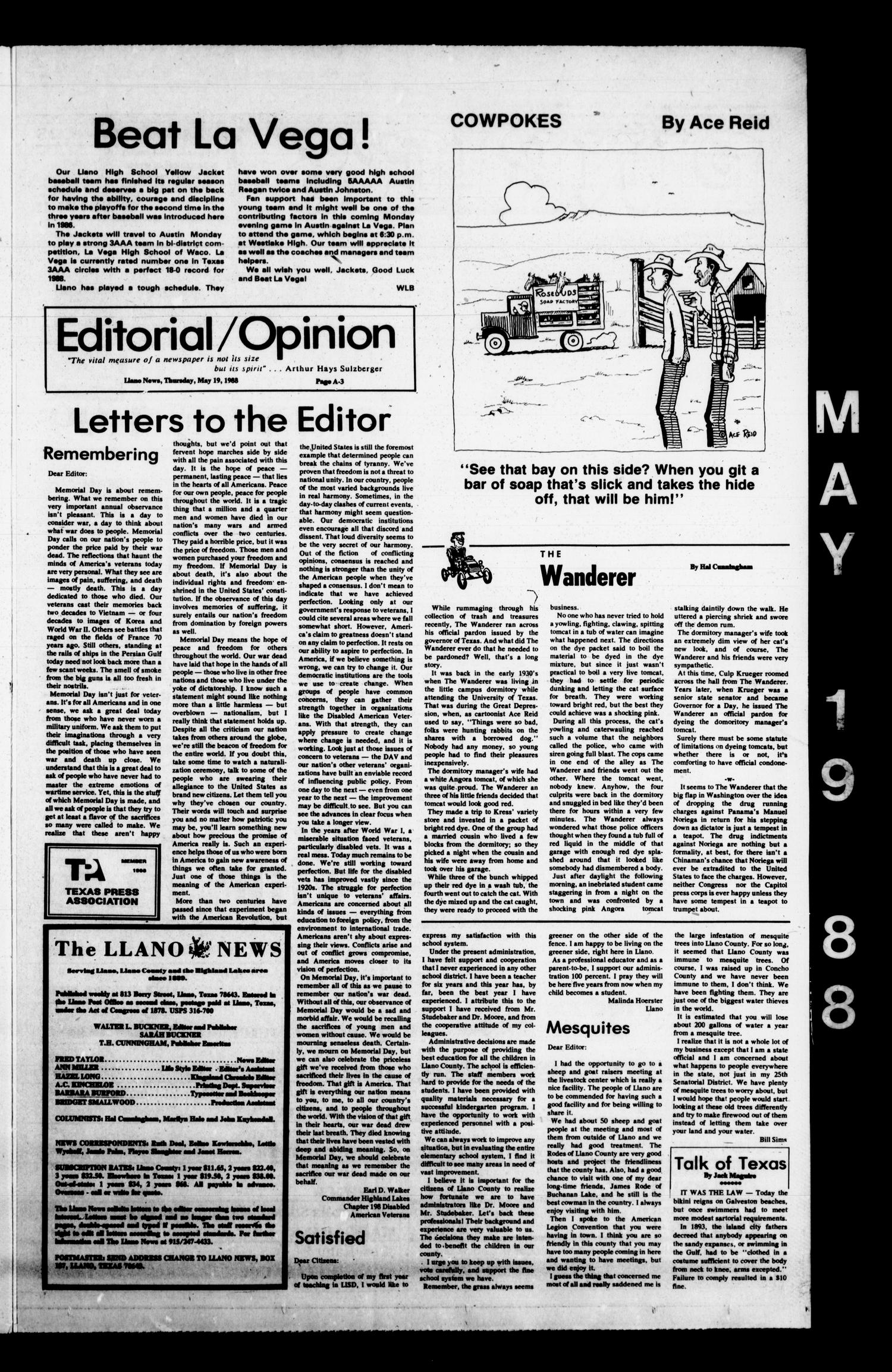 The Llano News (Llano, Tex.), Vol. 97, No. 29, Ed. 1 Thursday, May 19, 1988
                                                
                                                    [Sequence #]: 3 of 18
                                                