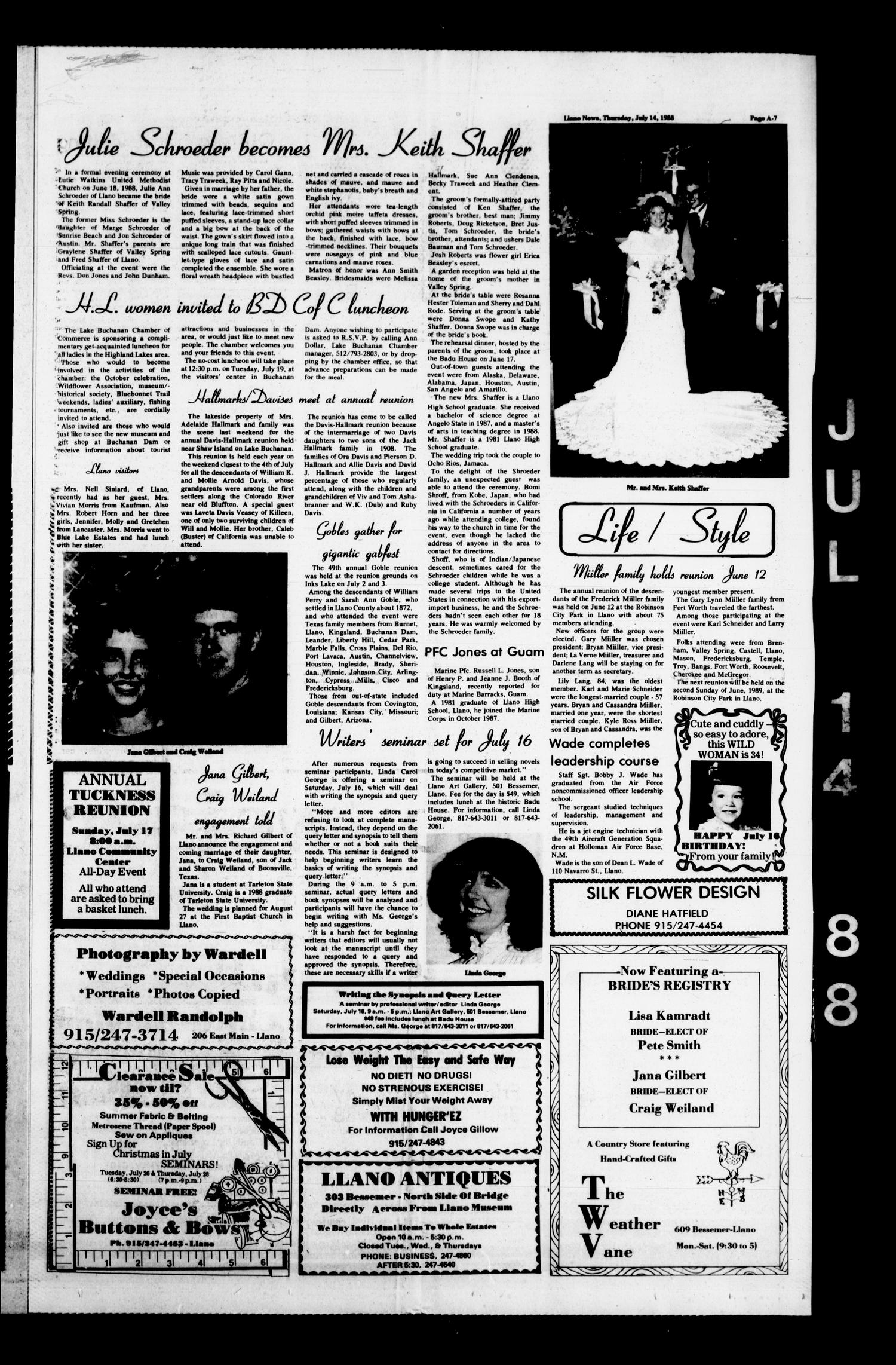 The Llano News (Llano, Tex.), Vol. 97, No. 37, Ed. 1 Thursday, July 14, 1988
                                                
                                                    [Sequence #]: 7 of 18
                                                