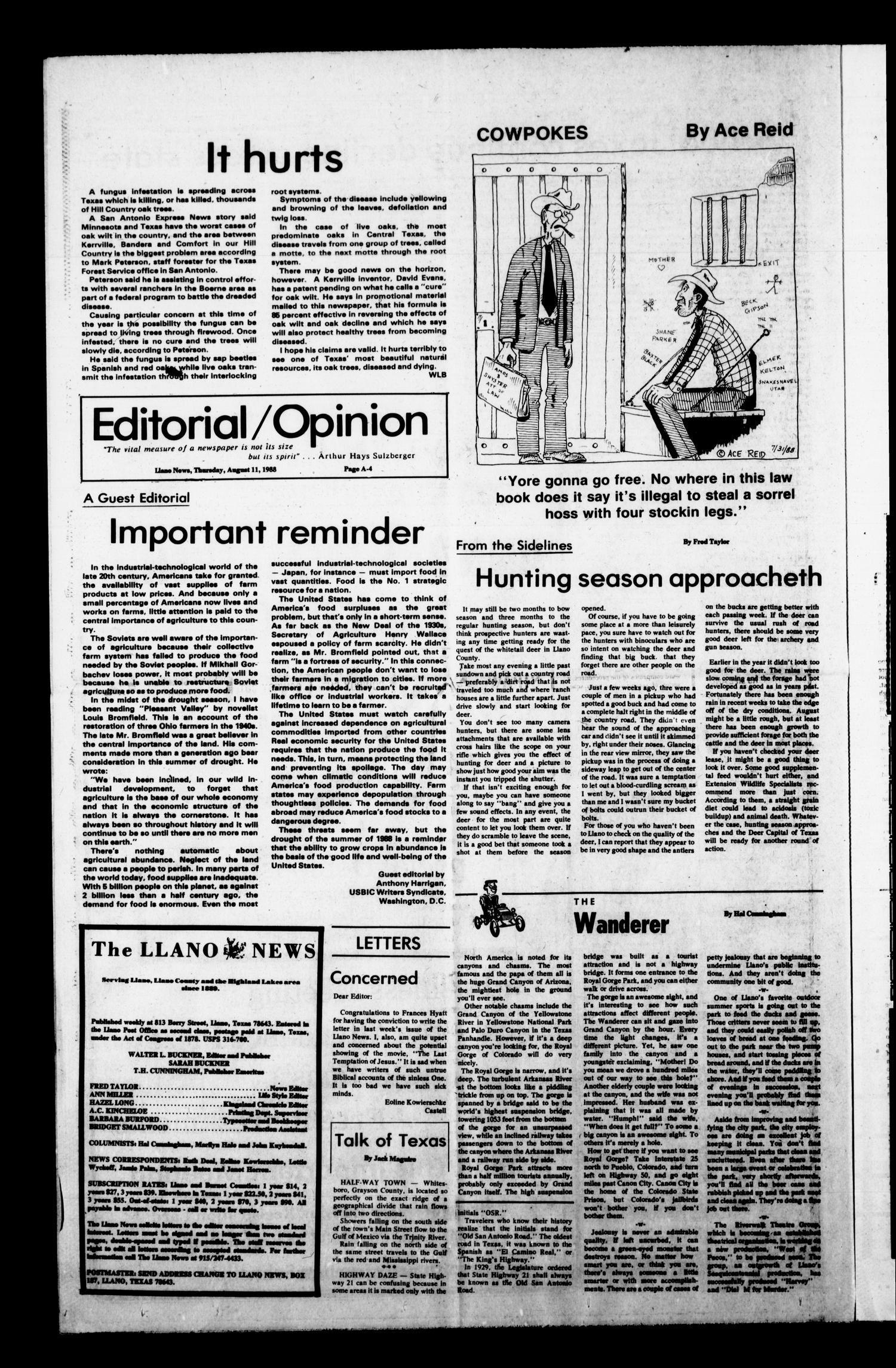 The Llano News (Llano, Tex.), Vol. 97, No. 42, Ed. 1 Thursday, August 11, 1988
                                                
                                                    [Sequence #]: 4 of 20
                                                