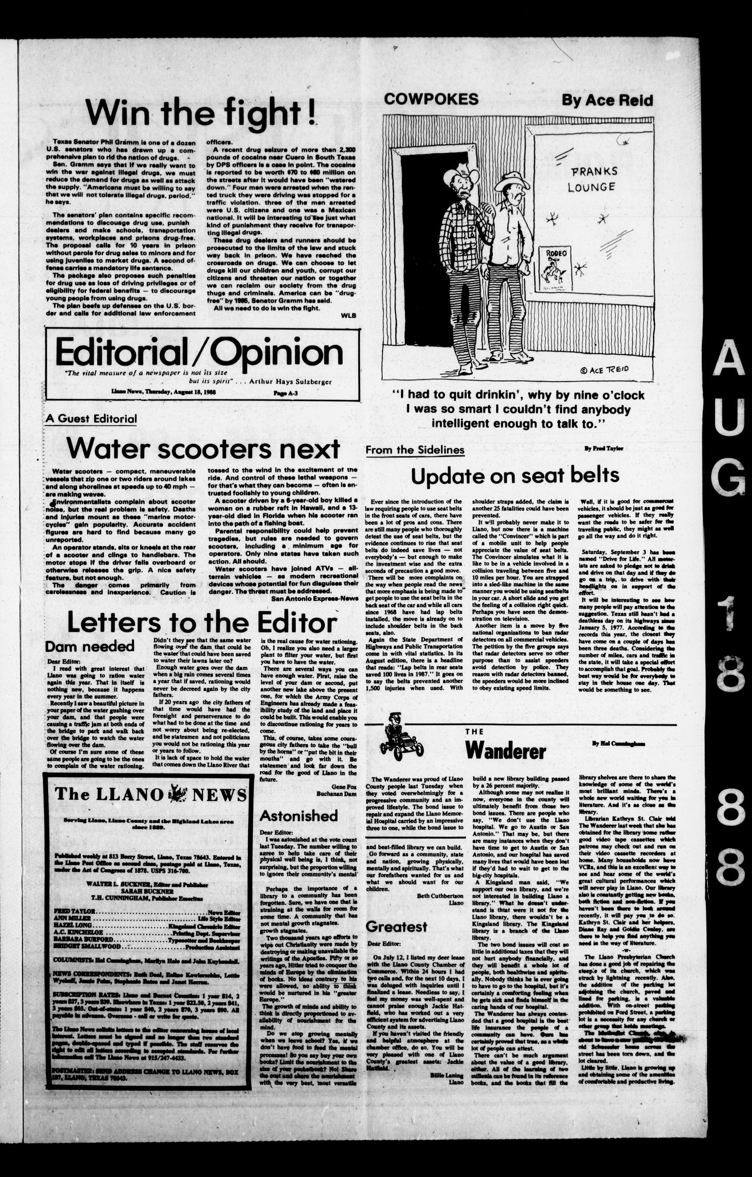 The Llano News (Llano, Tex.), Vol. 97, No. 43, Ed. 1 Thursday, August 18, 1988
                                                
                                                    [Sequence #]: 3 of 25
                                                