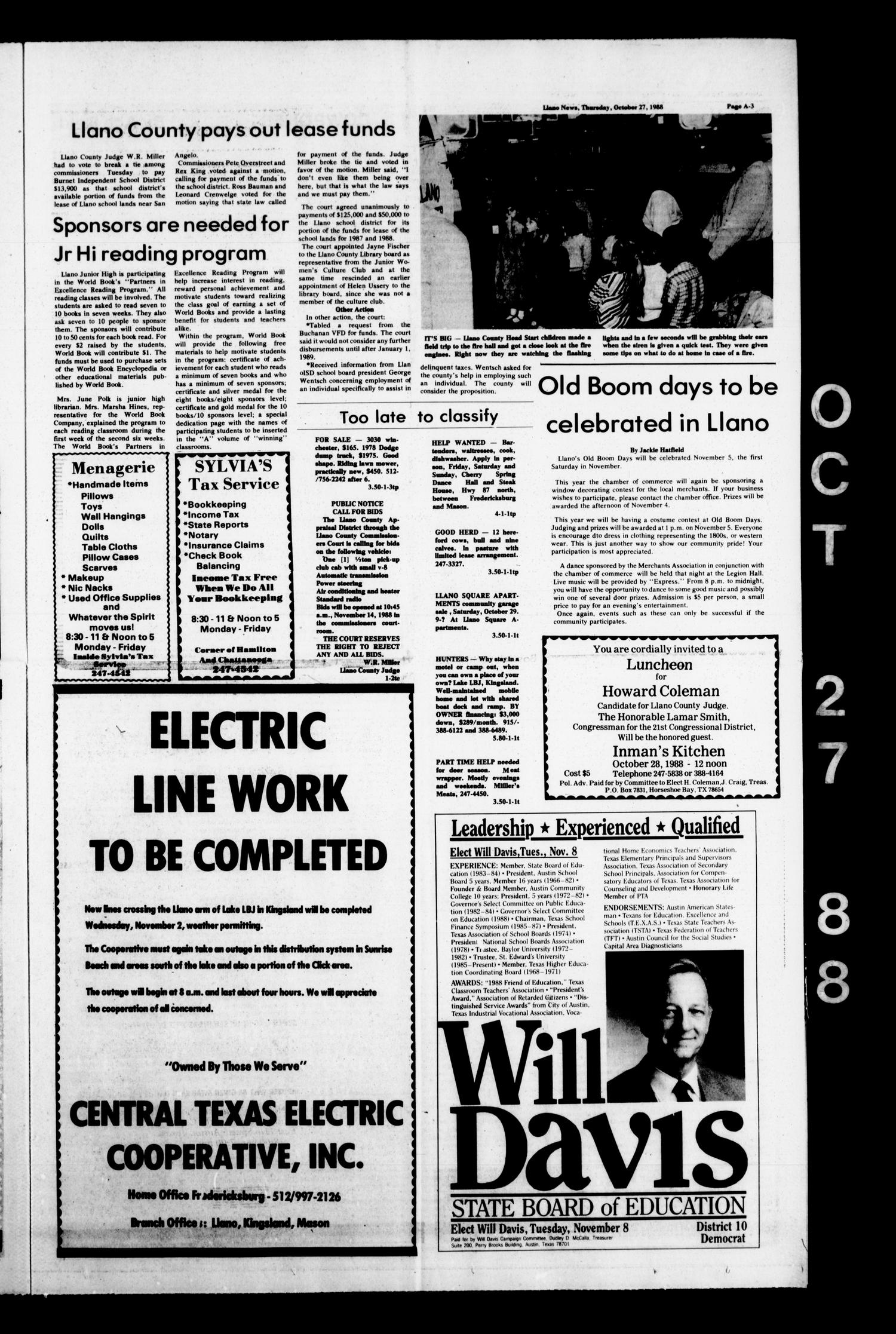 The Llano News (Llano, Tex.), Vol. 99, No. 1, Ed. 1 Thursday, October 27, 1988
                                                
                                                    [Sequence #]: 3 of 31
                                                